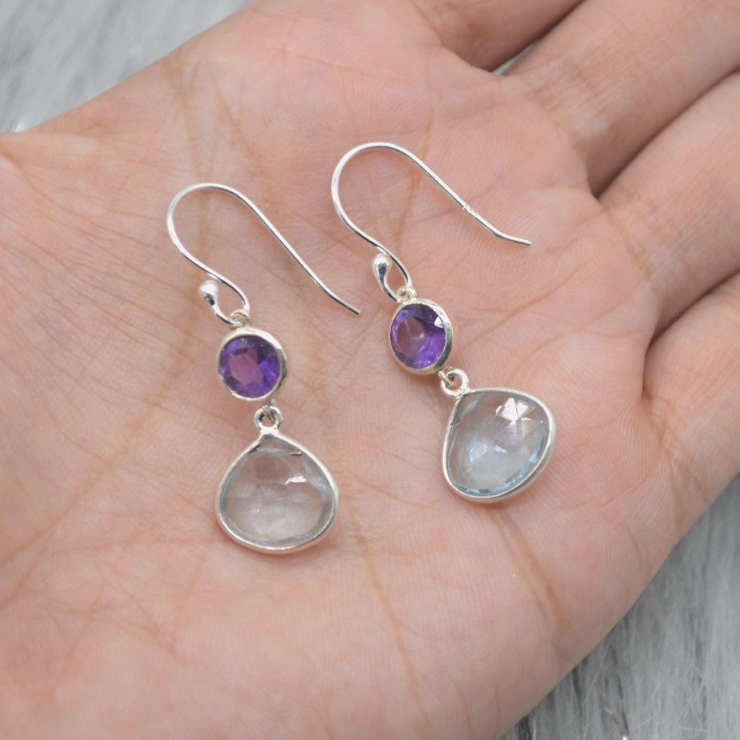 Amethyst Blue Topaz Silver Earrings: Dangle Drop, Blue Purple Gemstone Jewelry, February December Birthstone