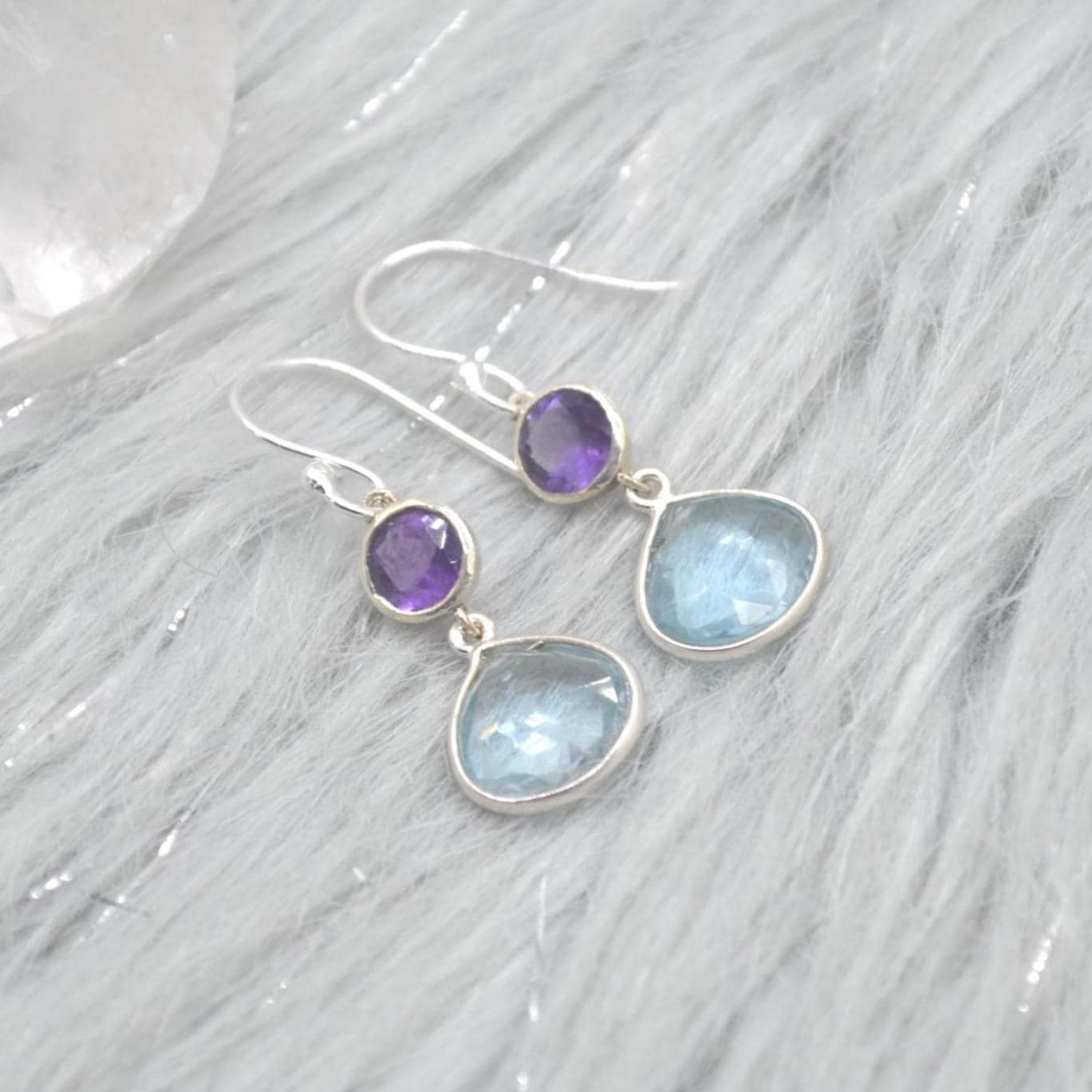 Amethyst Blue Topaz Silver Earrings: Dangle Drop, Blue Purple Gemstone Jewelry, February December Birthstone