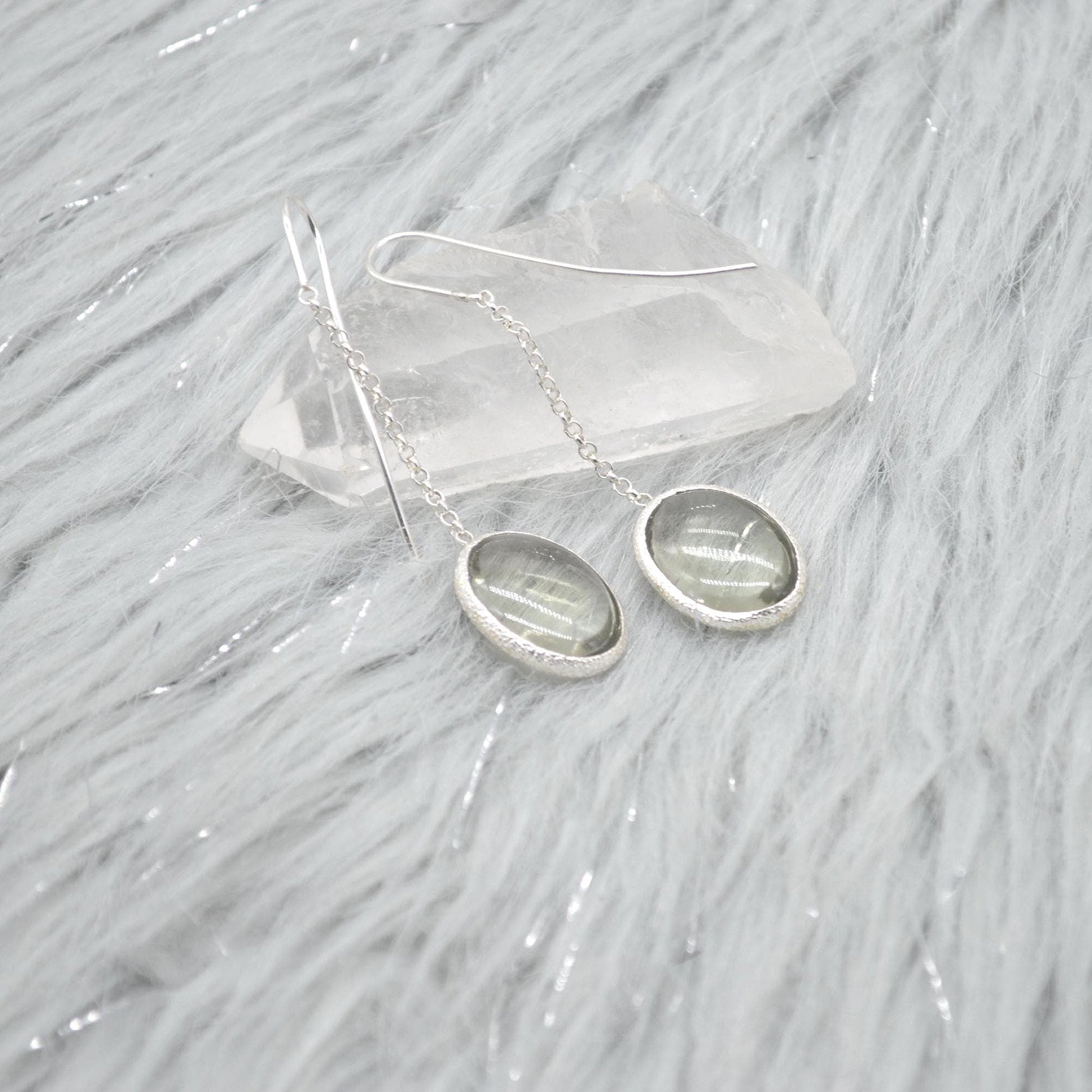 Green Amethyst Sterling Silver Earrings: February Birthstone Jewelry, Oval Gemstone Dangle Drop Earrings