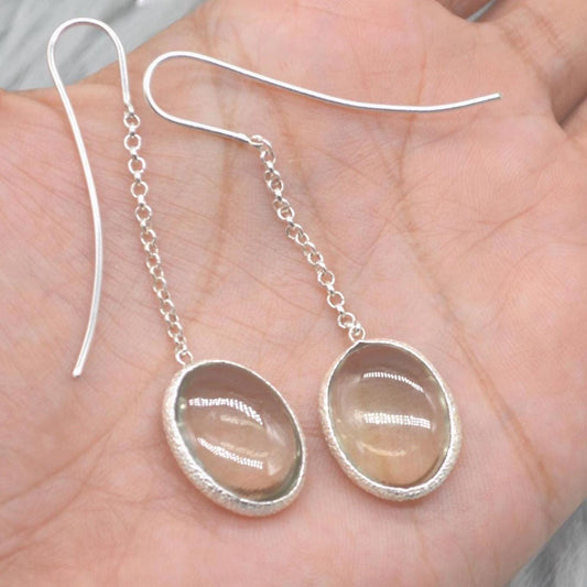 Green Amethyst Sterling Silver Earrings: February Birthstone Jewelry, Oval Gemstone Dangle Drop Earrings