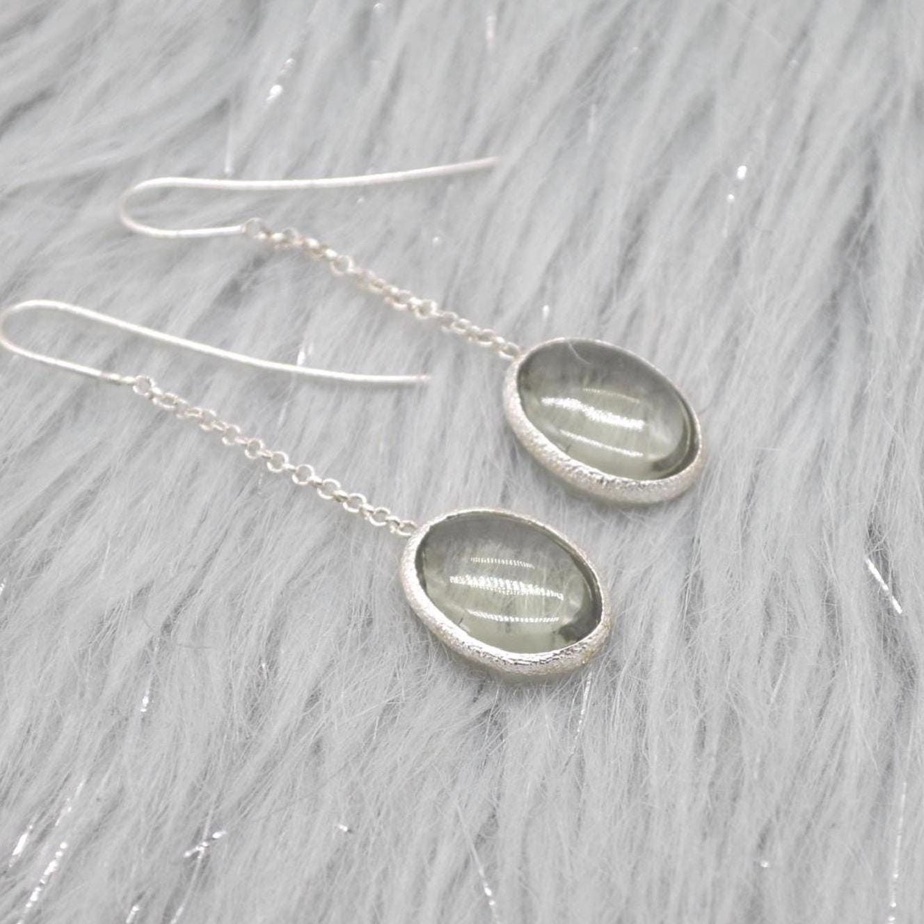Green Amethyst Sterling Silver Earrings: February Birthstone Jewelry, Oval Gemstone Dangle Drop Earrings