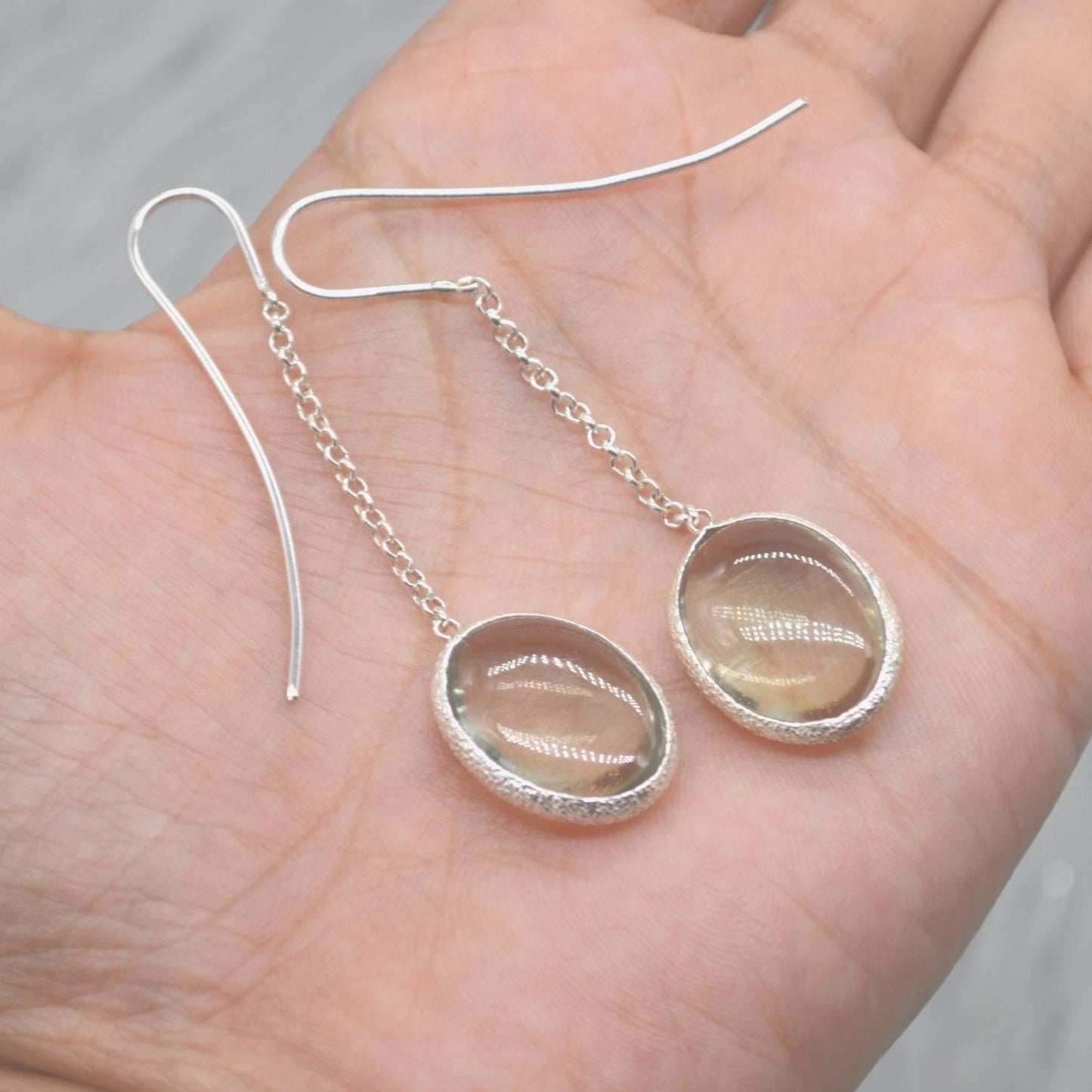 Green Amethyst Sterling Silver Earrings: February Birthstone Jewelry, Oval Gemstone Dangle Drop Earrings