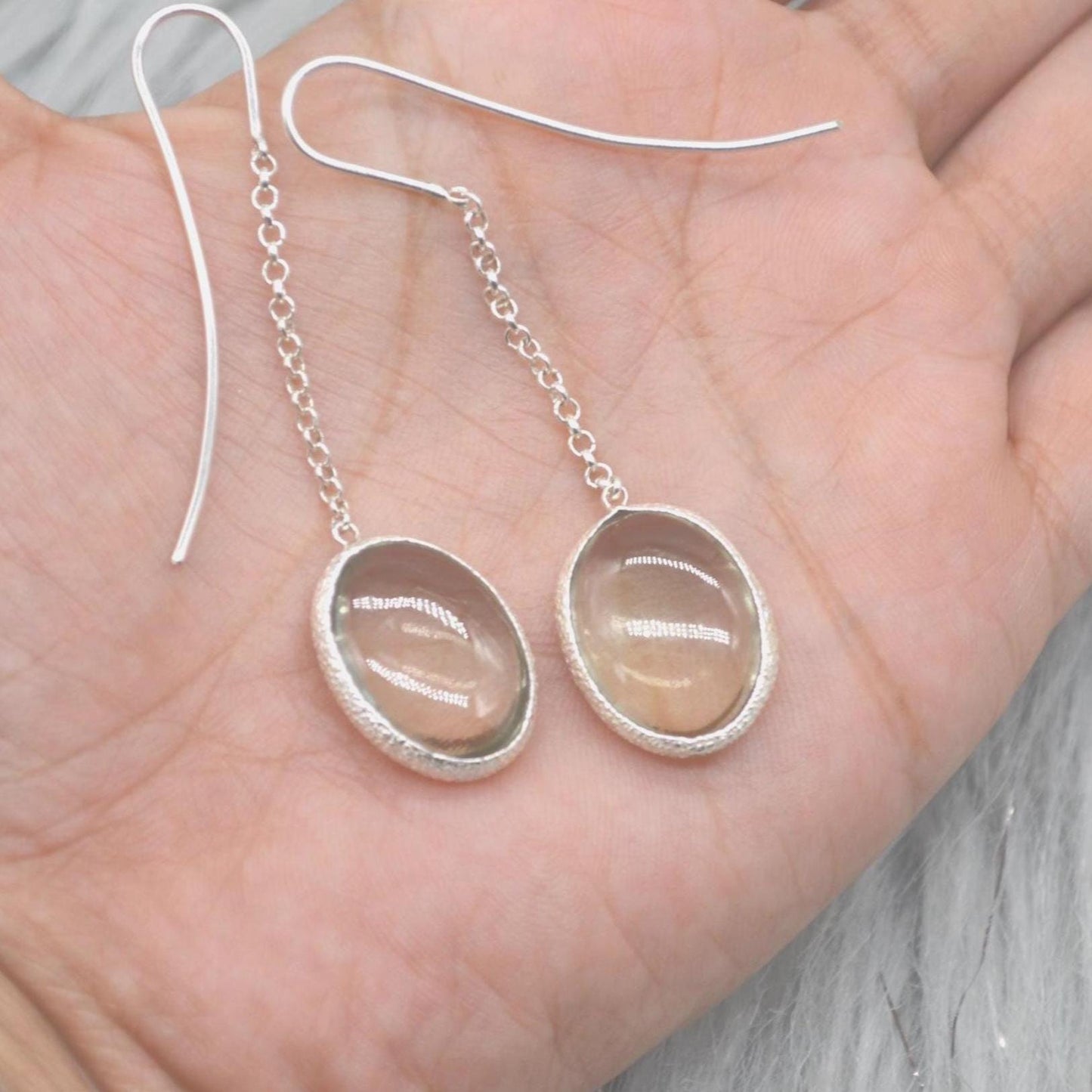 Green Amethyst Sterling Silver Earrings: February Birthstone Jewelry, Oval Gemstone Dangle Drop Earrings