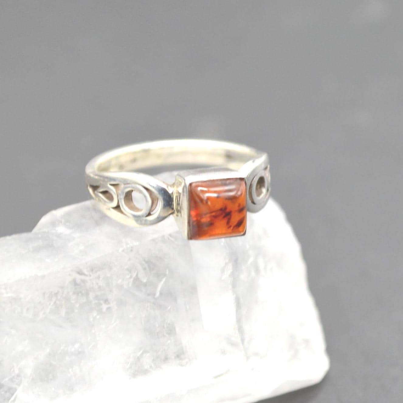 Red Amber Sterling Silver Ring: UK Size N, Stacking Ring, Gemstone Jewelry