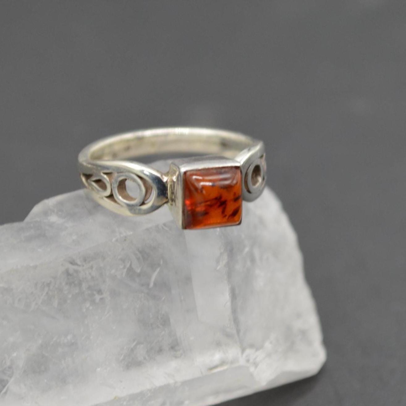 Red Amber Sterling Silver Ring: UK Size N, Stacking Ring, Gemstone Jewelry