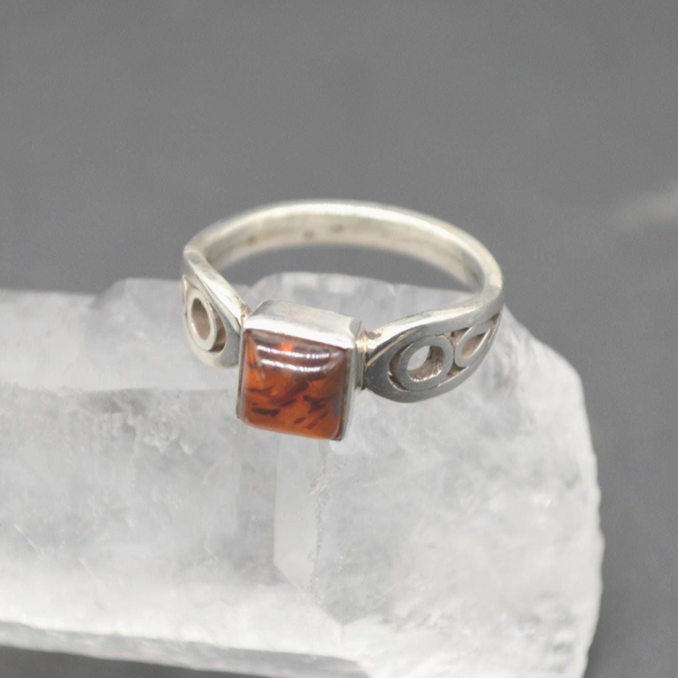 Red Amber Sterling Silver Ring: UK Size N, Stacking Ring, Gemstone Jewelry