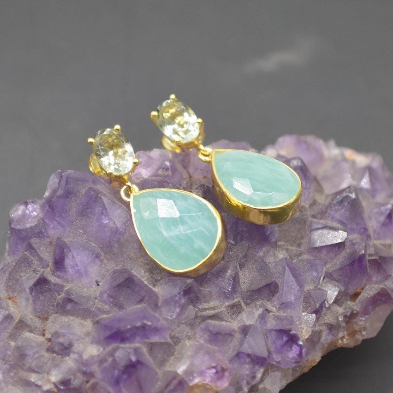 Amazonite Green Amethyst Earrings: Gold Plated Sterling Silver, Teardrop Dangles