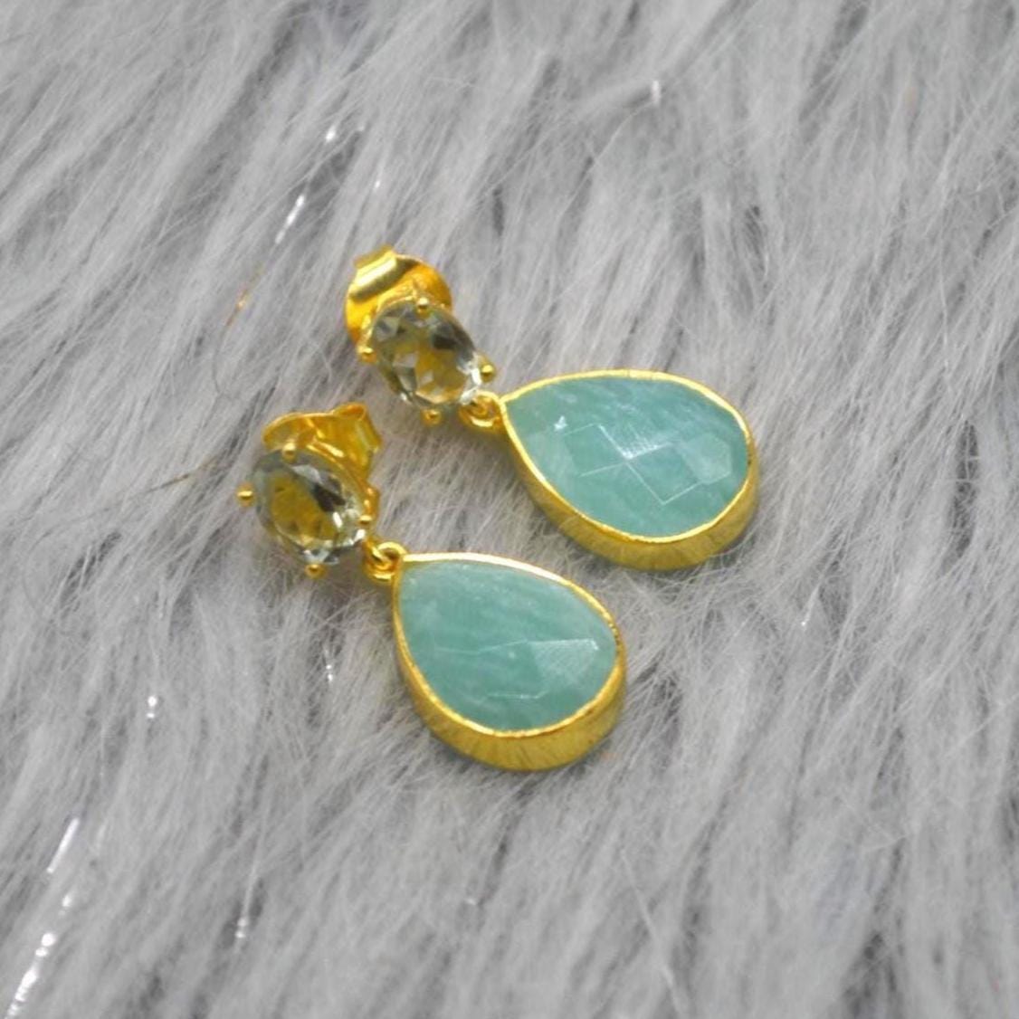 Amazonite Green Amethyst Earrings: Gold Plated Sterling Silver, Teardrop Dangles