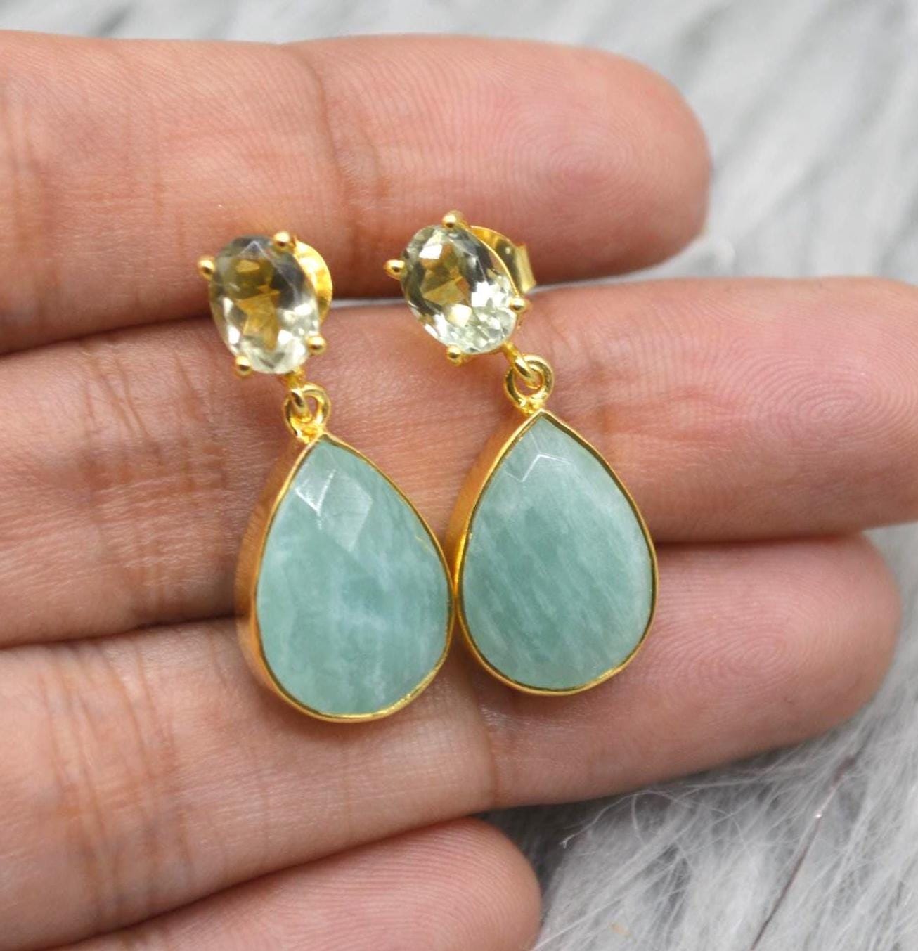 Amazonite Green Amethyst Earrings: Gold Plated Sterling Silver, Teardrop Dangles