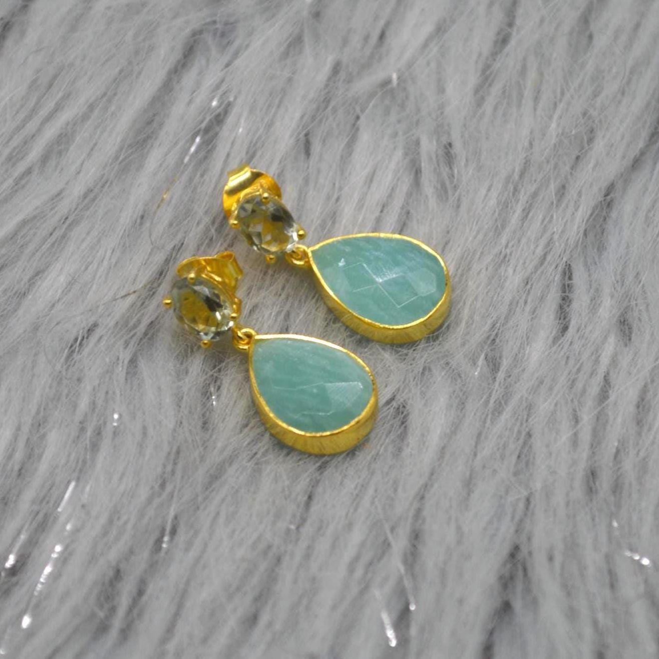 Amazonite Green Amethyst Earrings: Gold Plated Sterling Silver, Teardrop Dangles