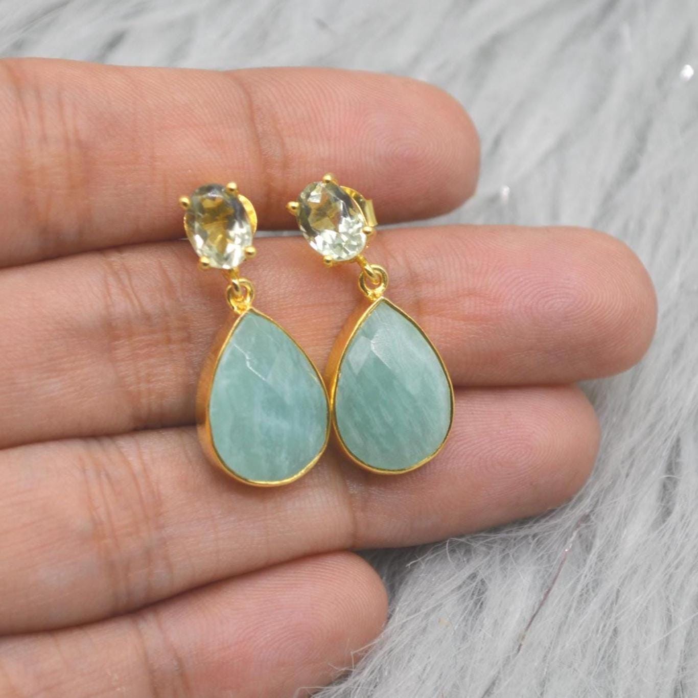 Amazonite Green Amethyst Earrings: Gold Plated Sterling Silver, Teardrop Dangles