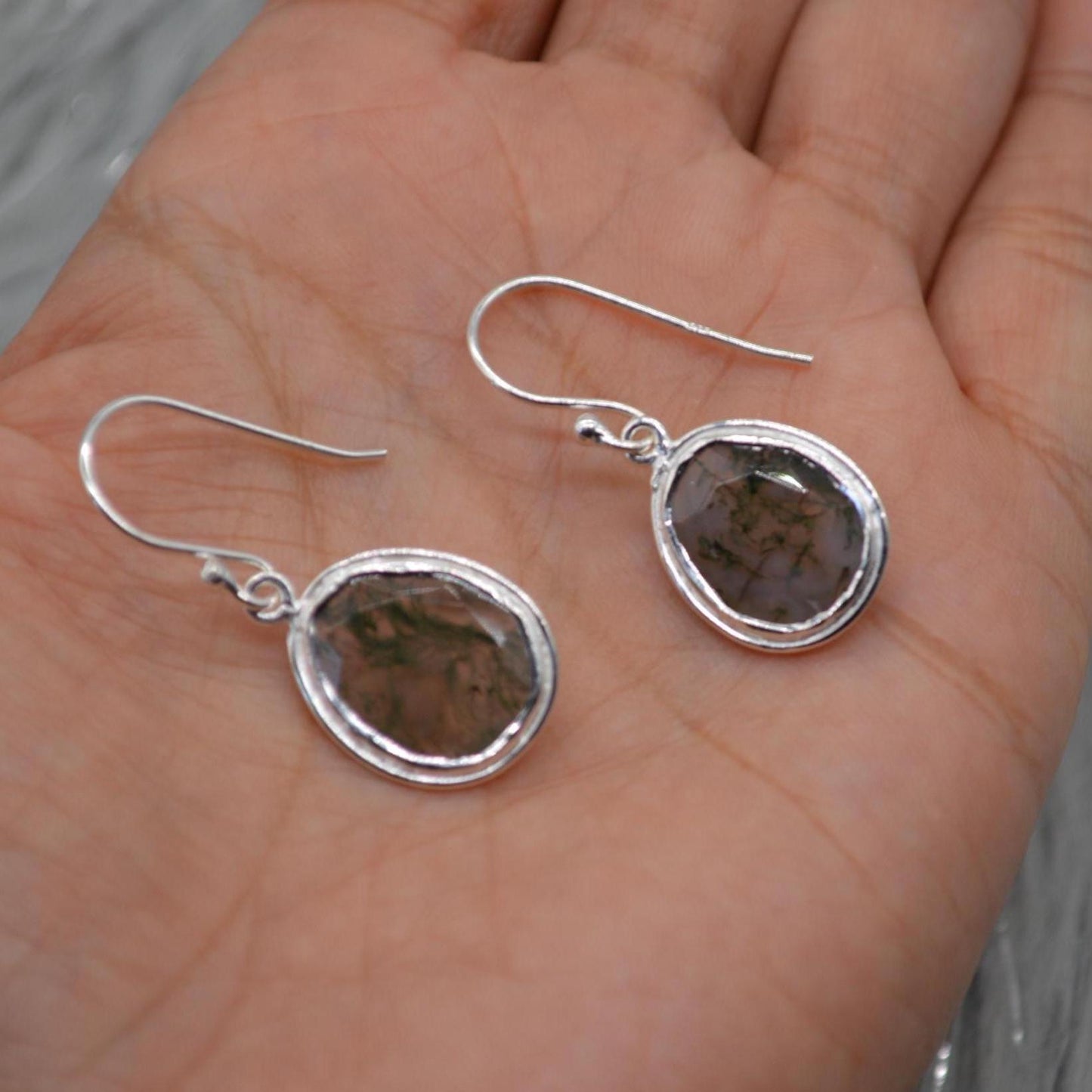 Moss Agate Sterling Silver Earrings: Green Gemstone Jewelry