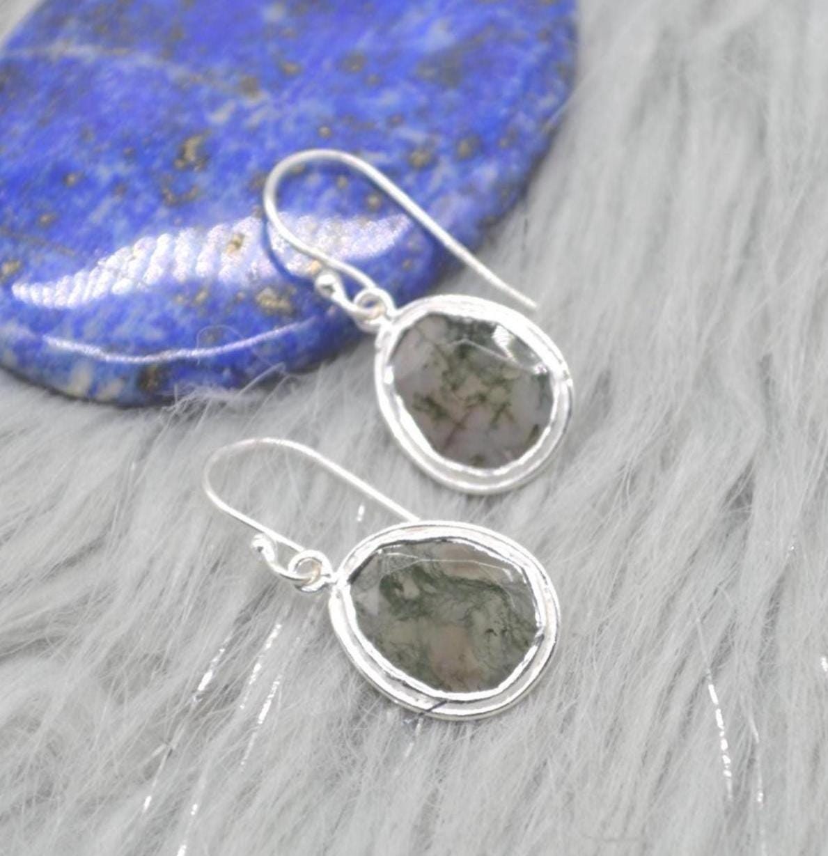 Moss Agate Sterling Silver Earrings: Green Gemstone Jewelry