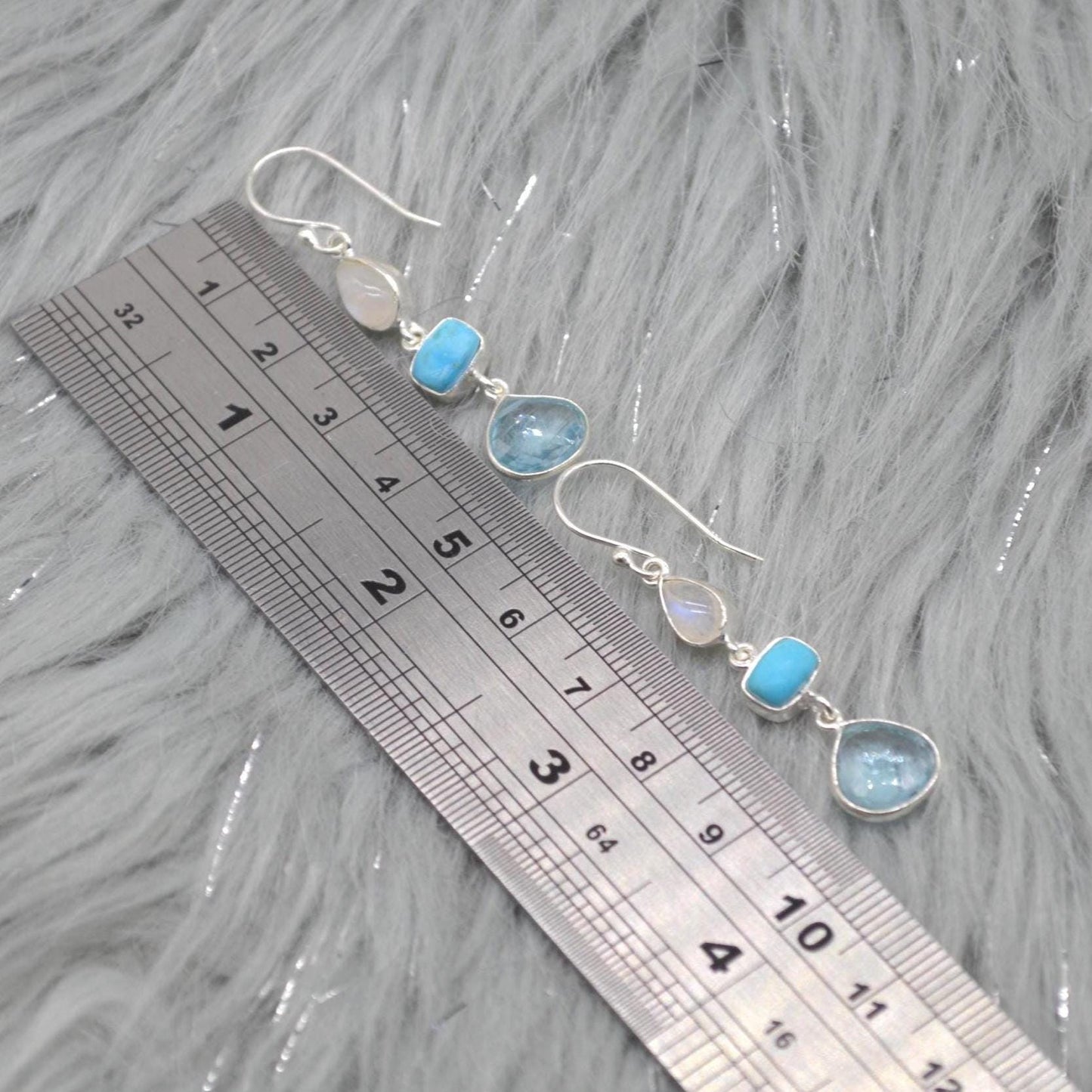 Moonstone Turquoise Blue Topaz Earrings: Sterling Silver Dangle Drop, Gemstone Jewelry, December Birthstone