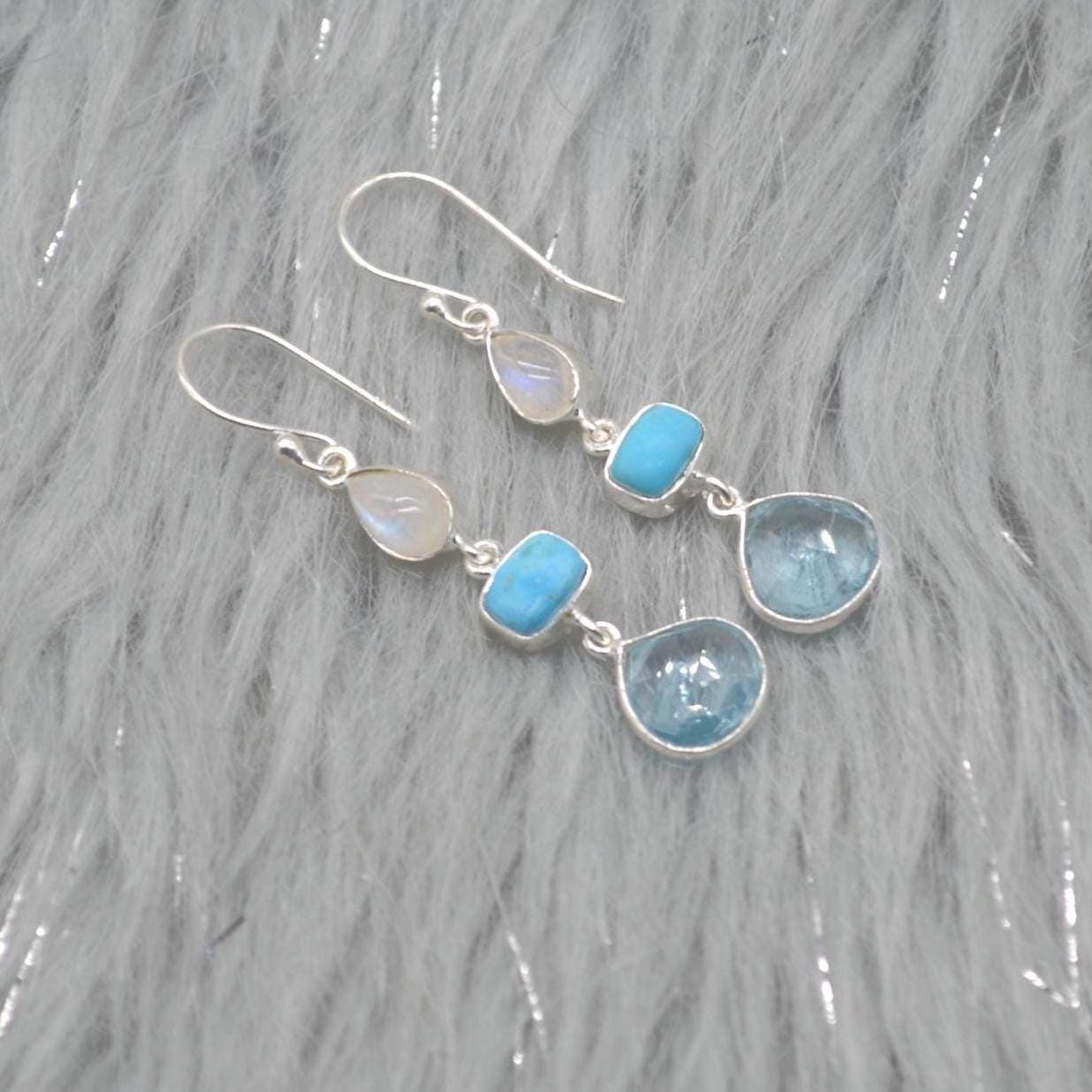 Moonstone Turquoise Blue Topaz Earrings: Sterling Silver Dangle Drop, Gemstone Jewelry, December Birthstone