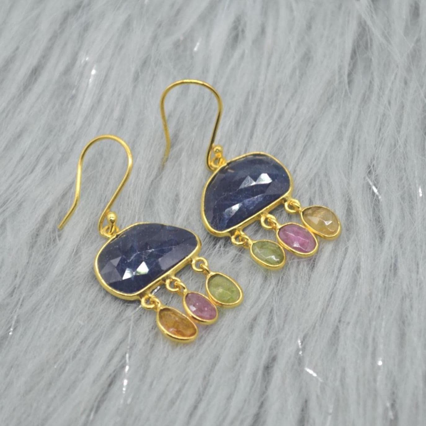 Blue Sapphire Tourmaline Silver Earrings: Gemstone Gold Dangle Drop, September October Birthstone