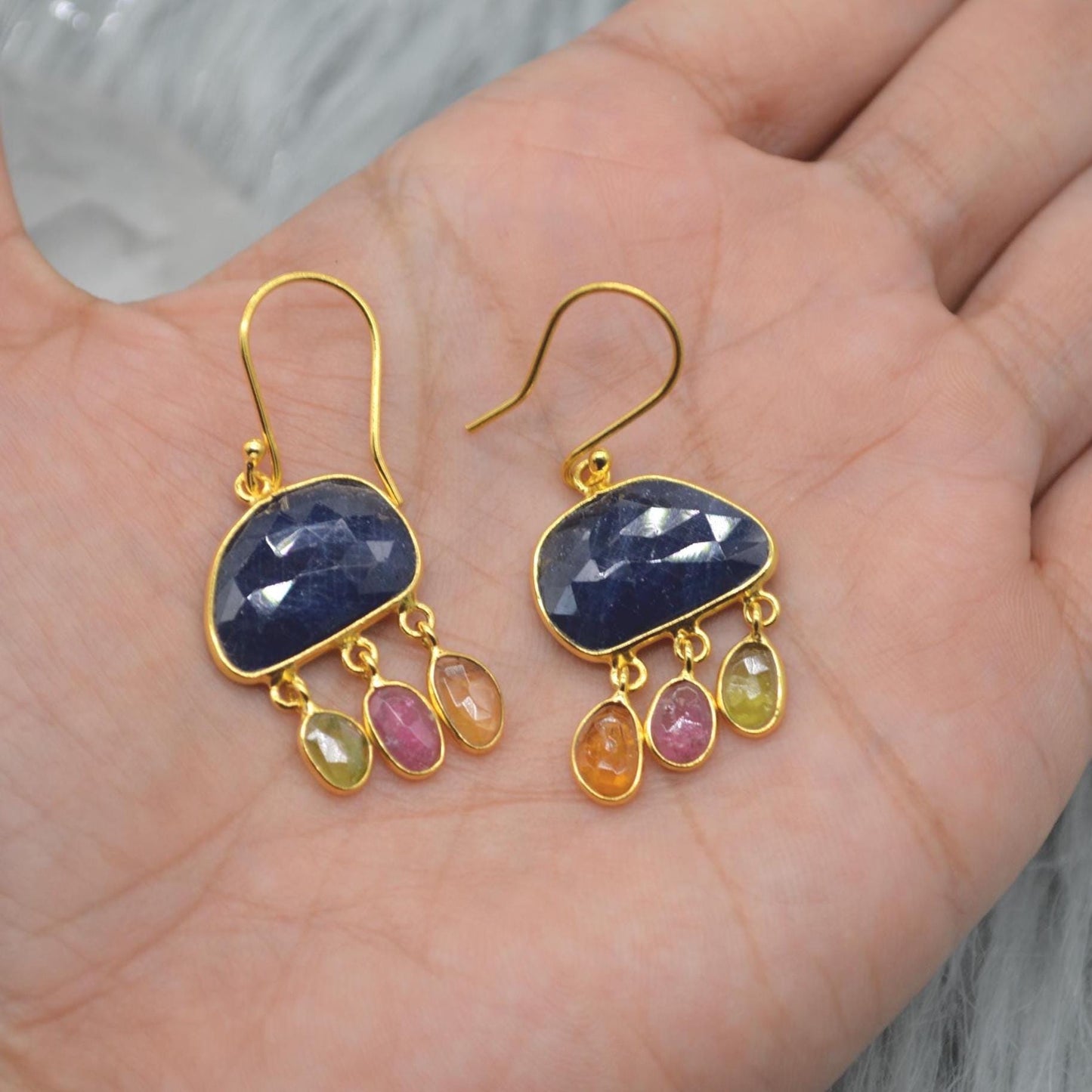 Blue Sapphire Tourmaline Silver Earrings: Gemstone Gold Dangle Drop, September October Birthstone