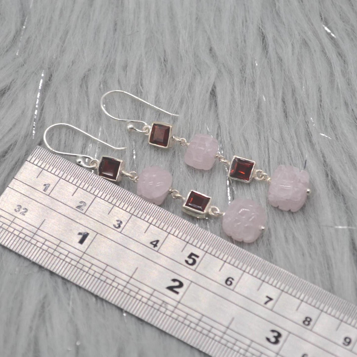 Pink Jade Red Garnet Silver Earrings: Gemstone Dangle Drop, January Birthstone Jewelry
