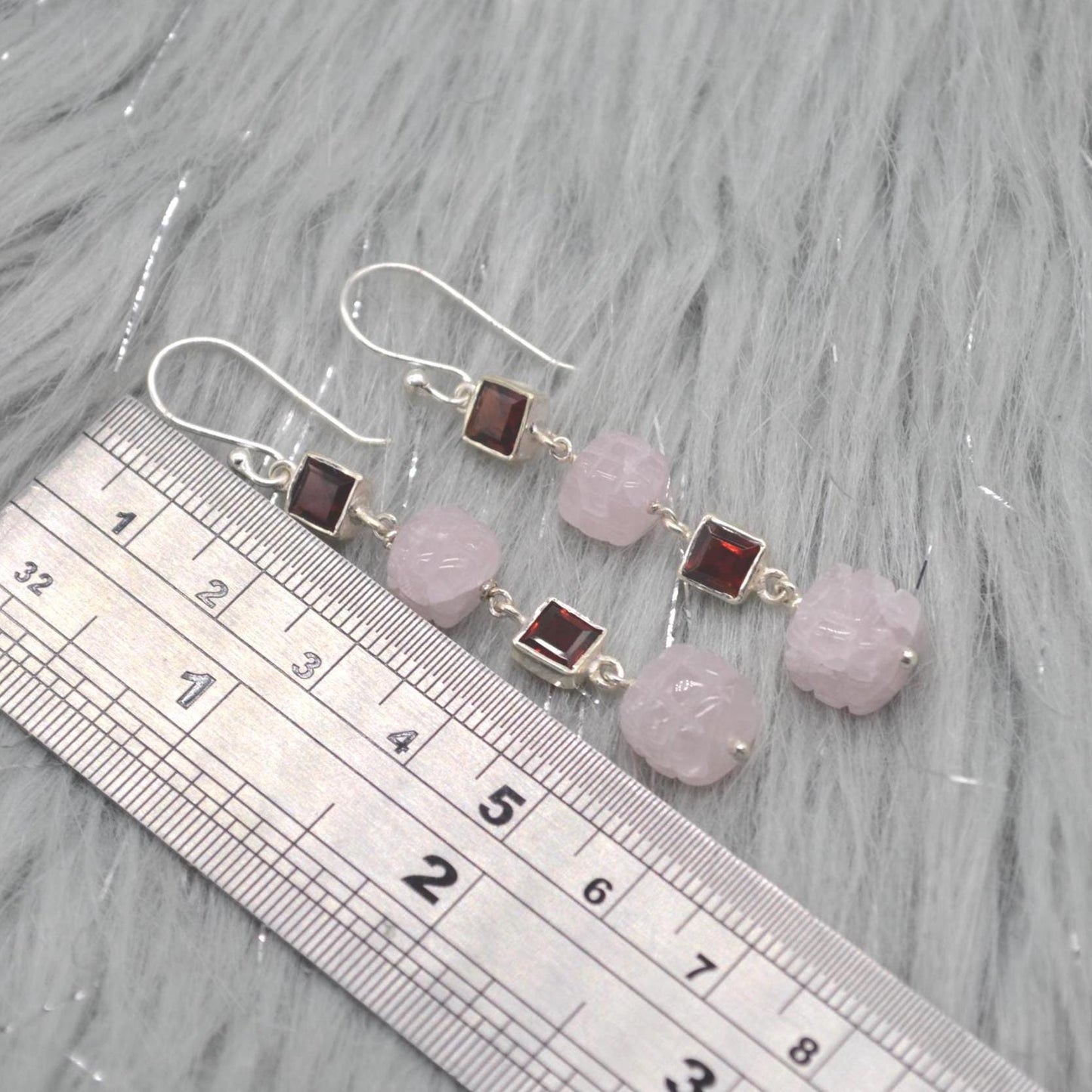Pink Jade Red Garnet Silver Earrings: Gemstone Dangle Drop, January Birthstone Jewelry