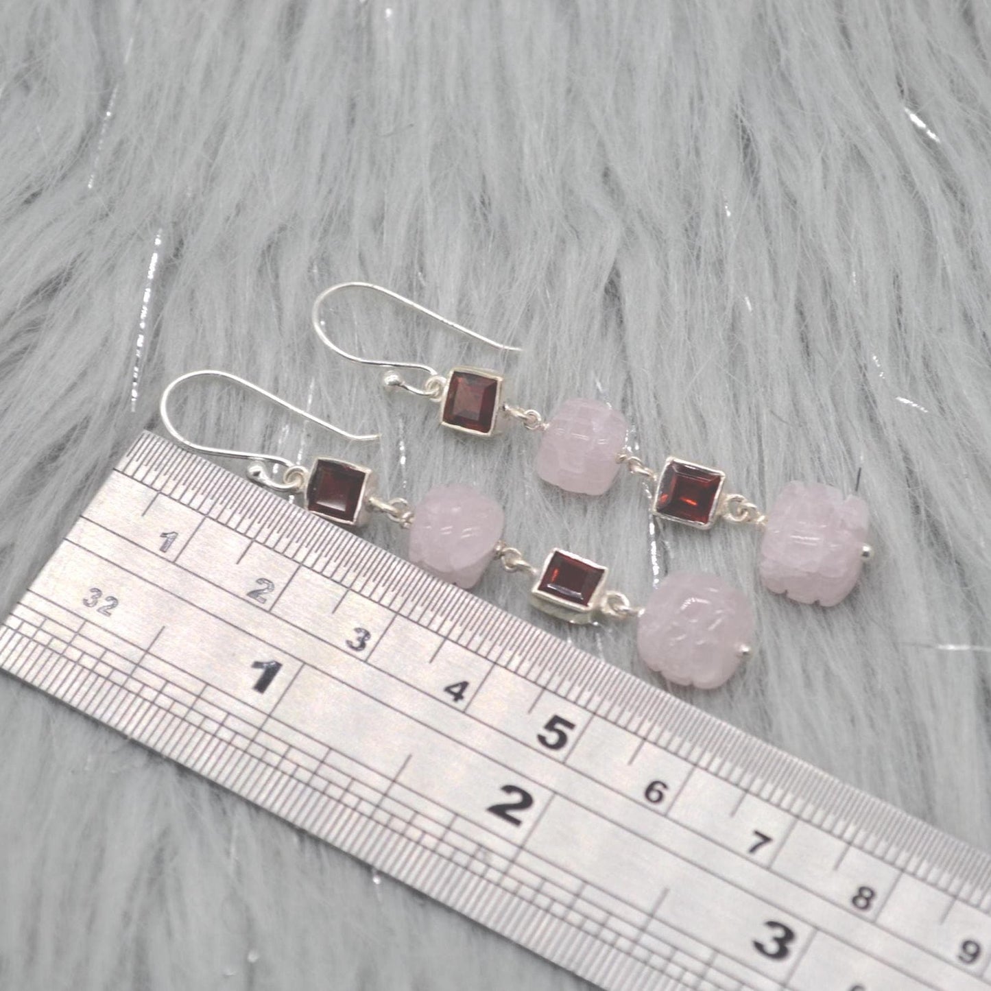 Pink Jade Red Garnet Silver Earrings: Gemstone Dangle Drop, January Birthstone Jewelry