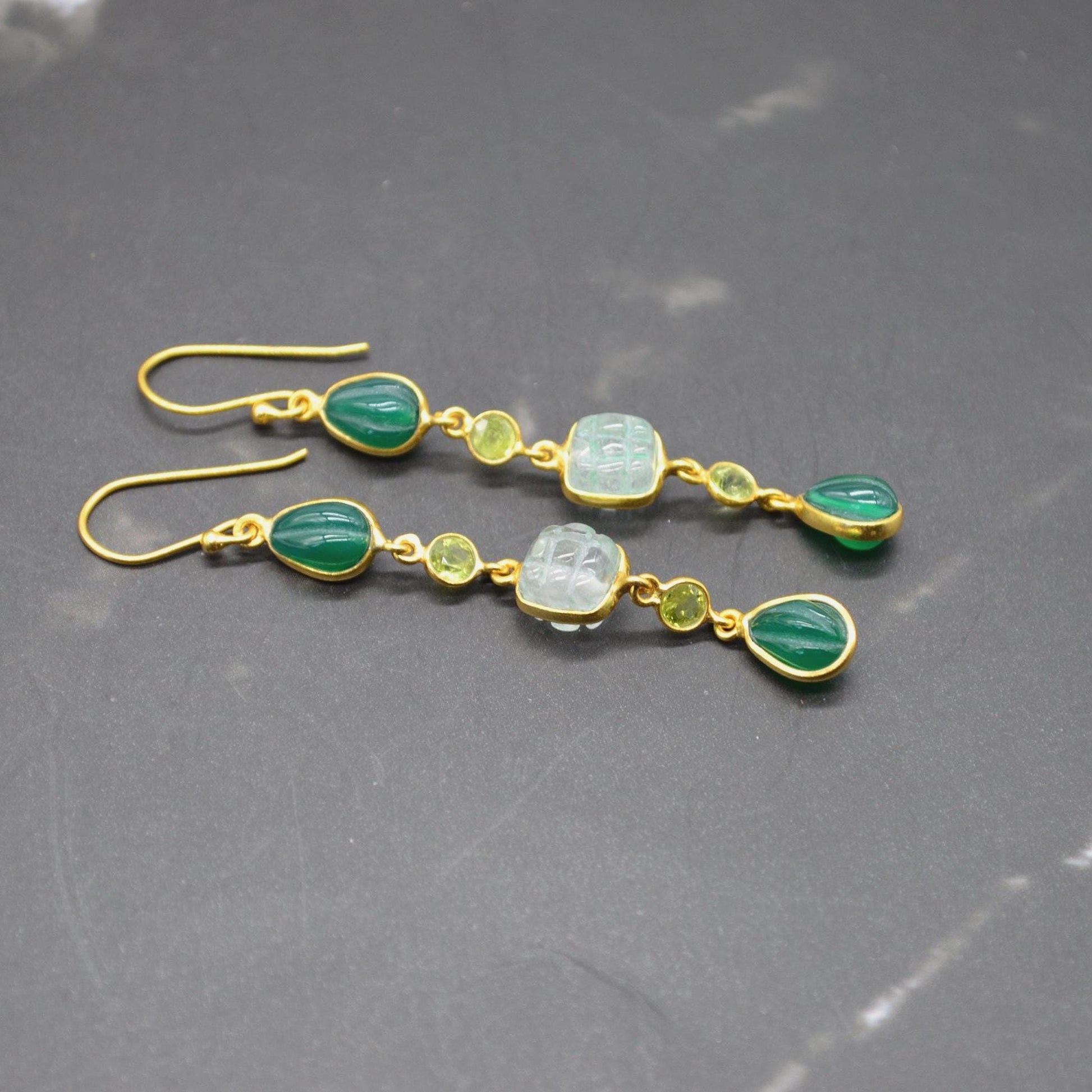 Green Onyx Jade Dangle Drop Gold Earrings: Sterling Silver, Long Green Gemstone Jewelry