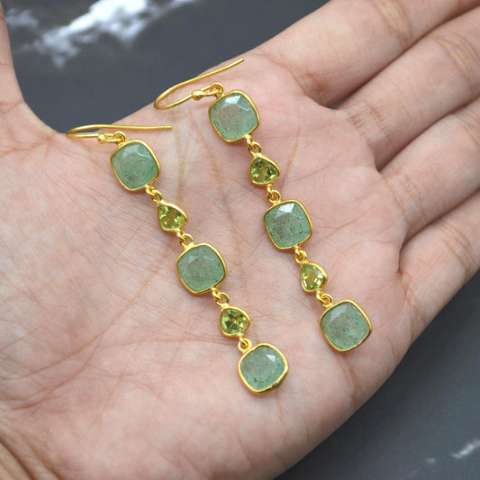 Peridot Green Jade Silver Dangle Earrings: August Birthstone, Gold Plated, Long Gemstone Drop Jewelry