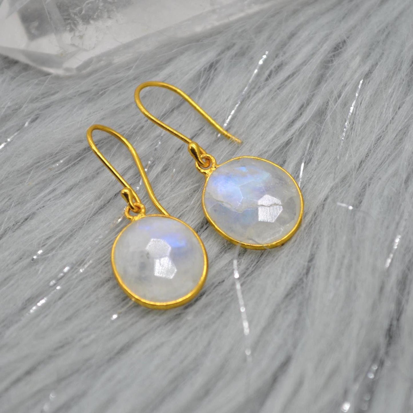 Rainbow Moonstone Gold Drop Earrings: Sterling Silver, June Birthstone, Oval Jewelry