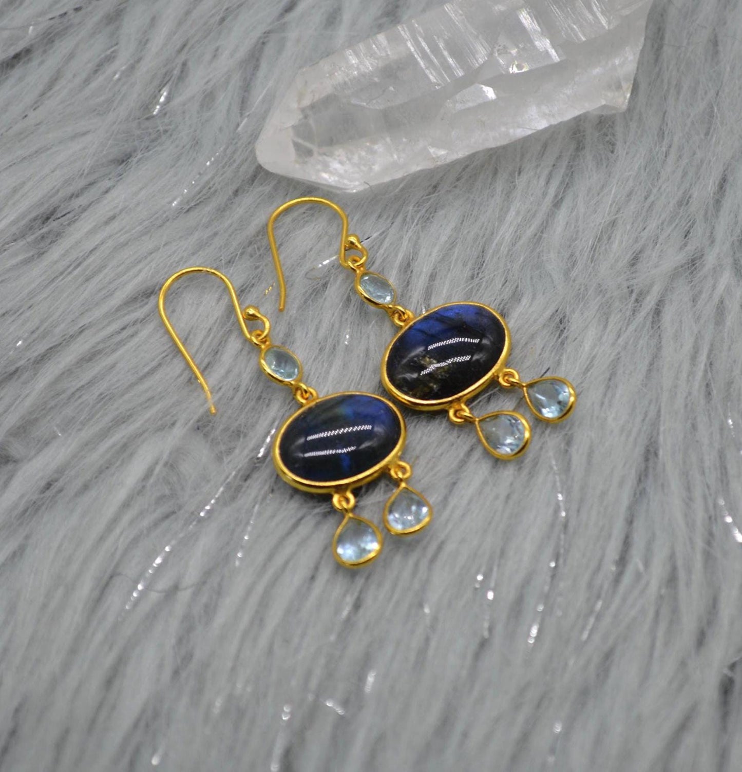 Labradorite Blue Topaz Earrings: Sterling Silver, Dangle Drop, Oval Gemstone Jewelry, December Birthstone