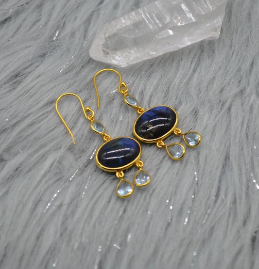 Labradorite Blue Topaz Earrings: Sterling Silver, Dangle Drop, Oval Gemstone Jewelry, December Birthstone