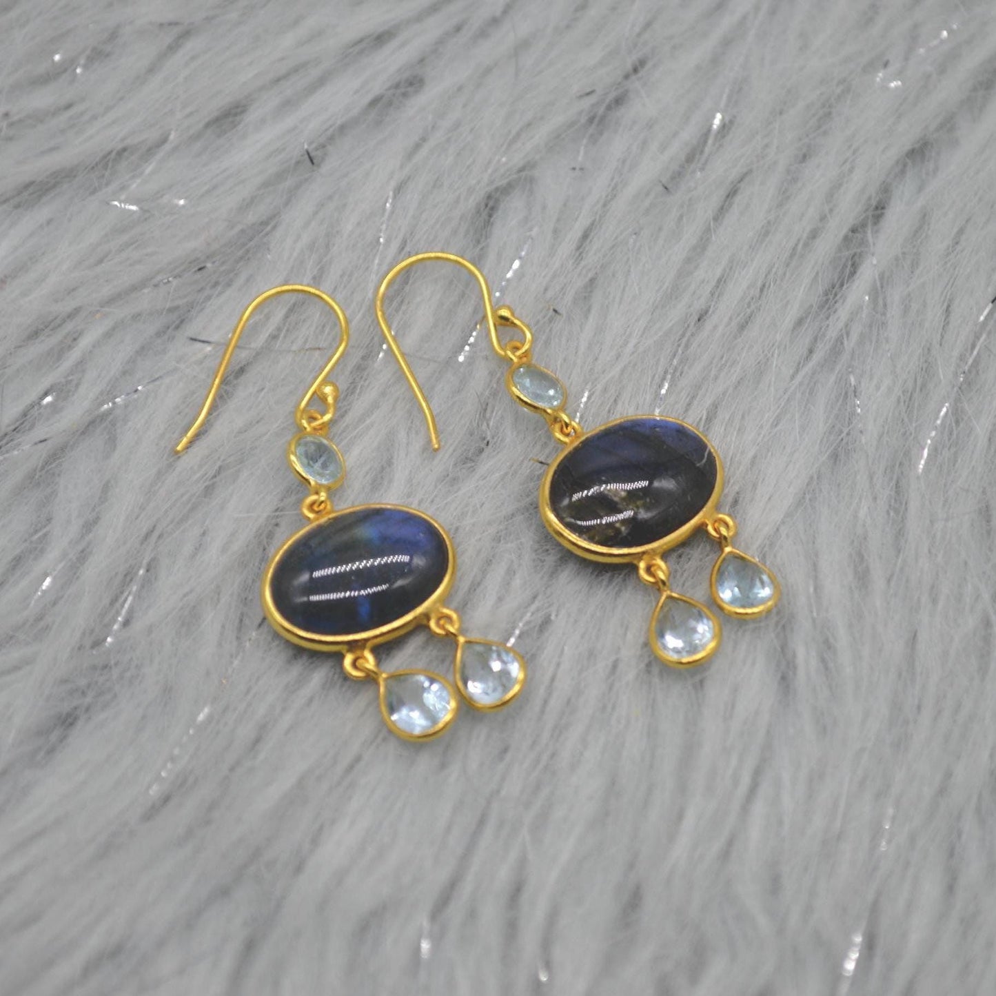 Labradorite Blue Topaz Earrings: Sterling Silver, Dangle Drop, Oval Gemstone Jewelry, December Birthstone