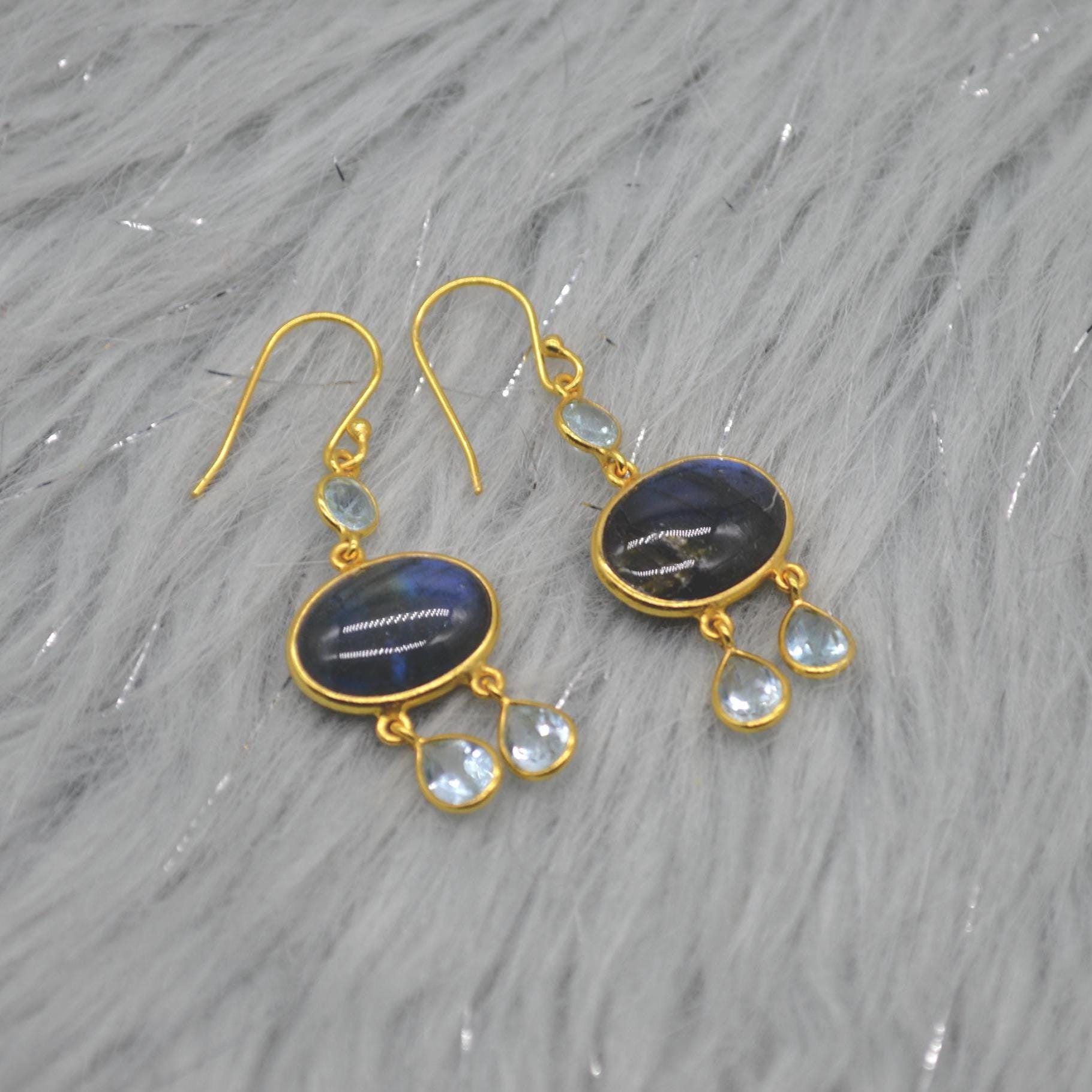 Labradorite Blue Topaz Earrings: Sterling Silver, Dangle Drop, Oval Gemstone Jewelry, December Birthstone