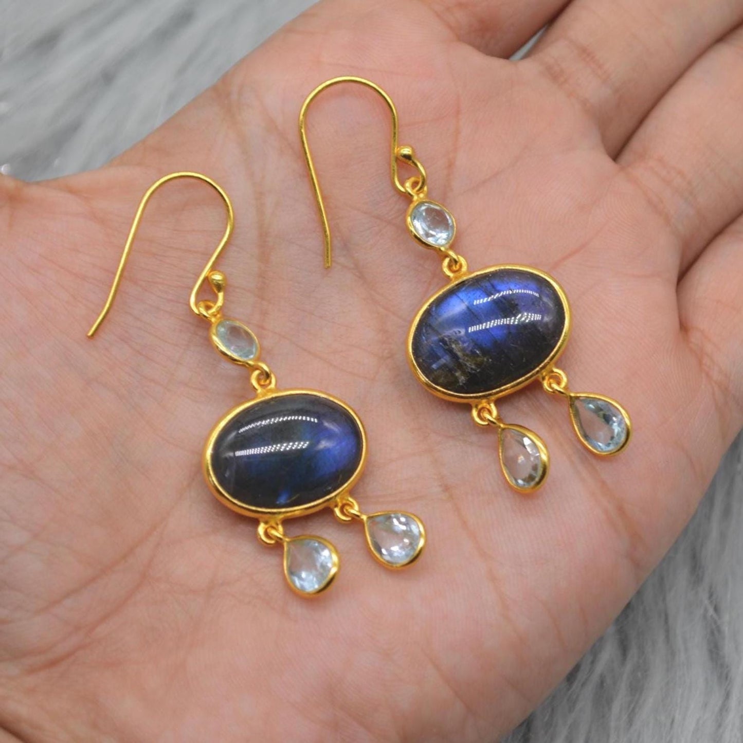 Labradorite Blue Topaz Earrings: Sterling Silver, Dangle Drop, Oval Gemstone Jewelry, December Birthstone