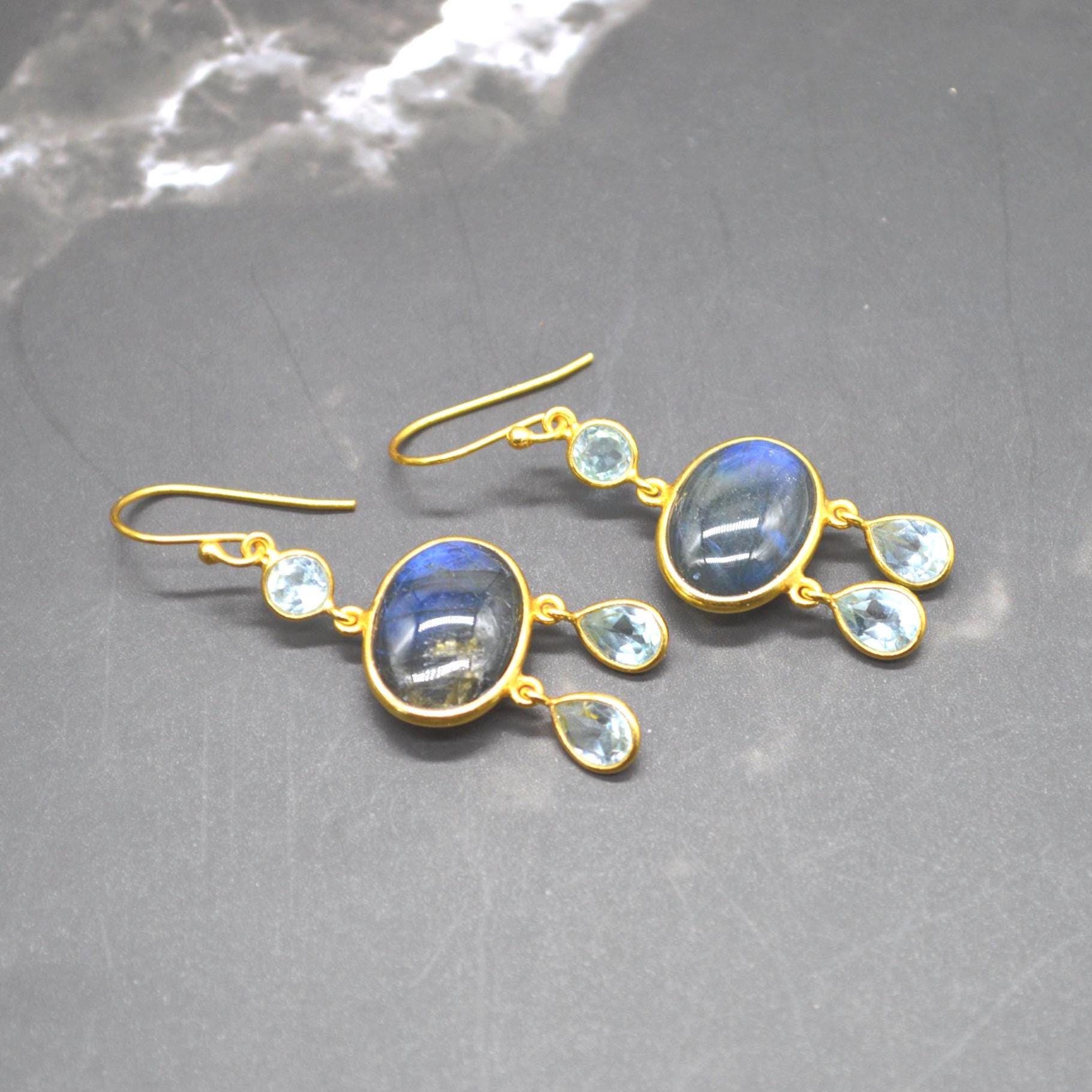 Labradorite Blue Topaz Earrings: Sterling Silver, Dangle Drop, Oval Gemstone Jewelry, December Birthstone