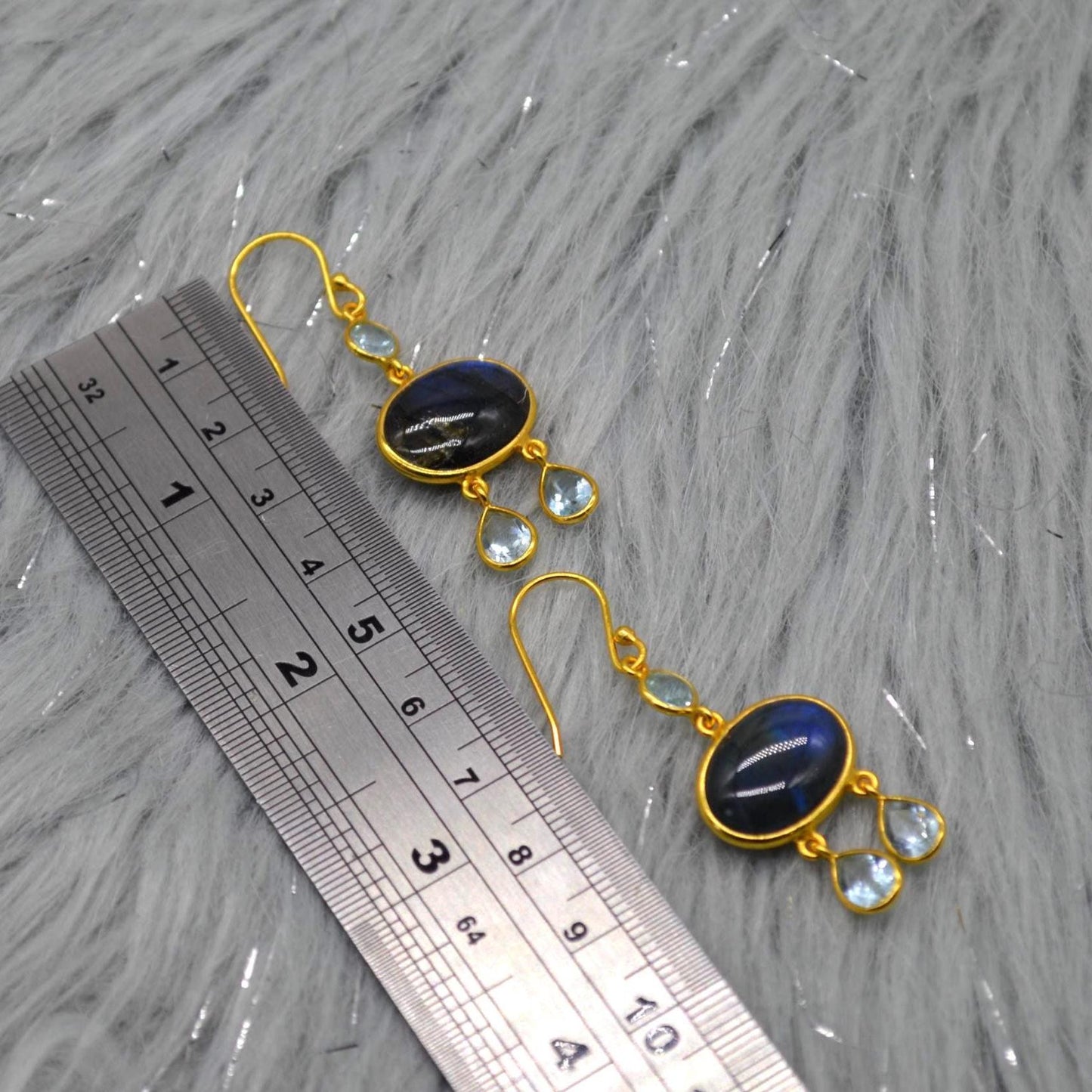 Labradorite Blue Topaz Earrings: Sterling Silver, Dangle Drop, Oval Gemstone Jewelry, December Birthstone