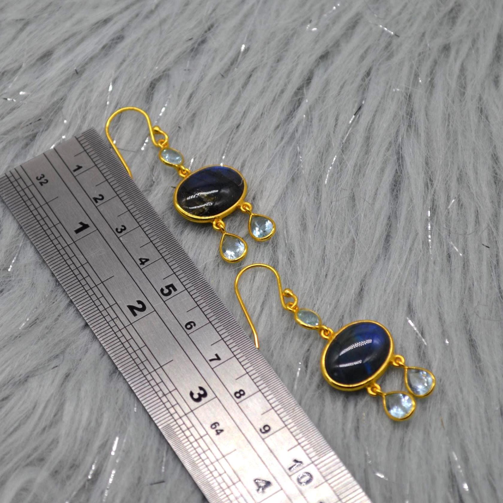 Labradorite Blue Topaz Earrings: Sterling Silver, Dangle Drop, Oval Gemstone Jewelry, December Birthstone