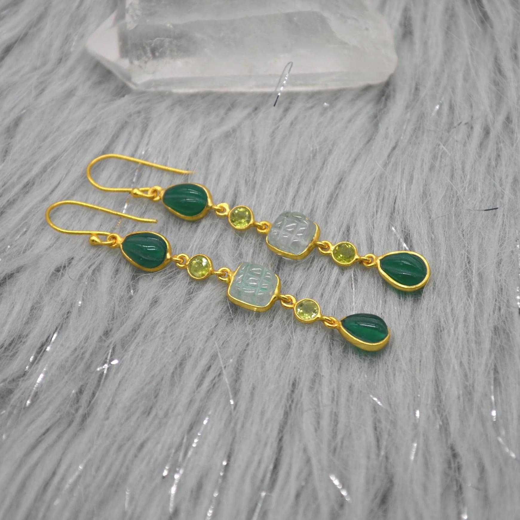 Green Onyx Jade Dangle Drop Gold Earrings: Sterling Silver, Long Green Gemstone Jewelry