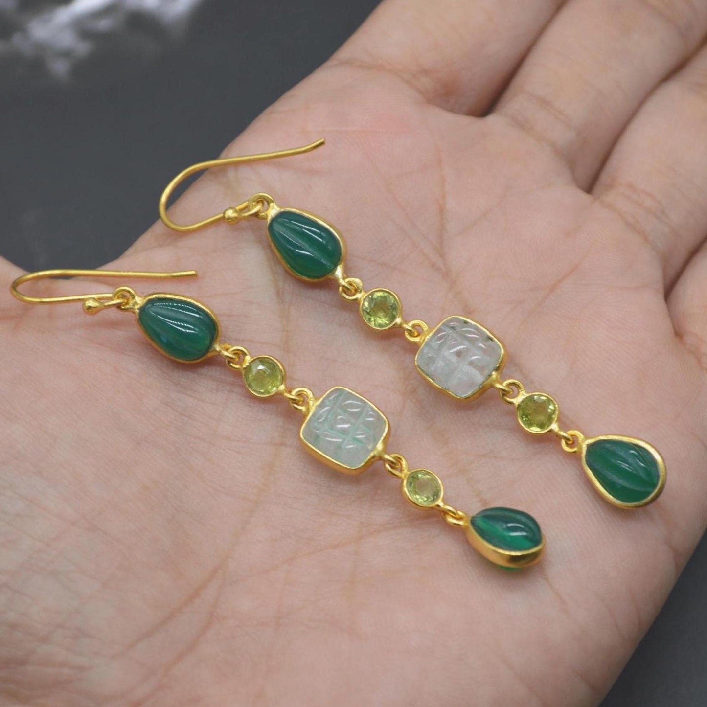 Green Onyx Jade Dangle Drop Gold Earrings: Sterling Silver, Long Green Gemstone Jewelry