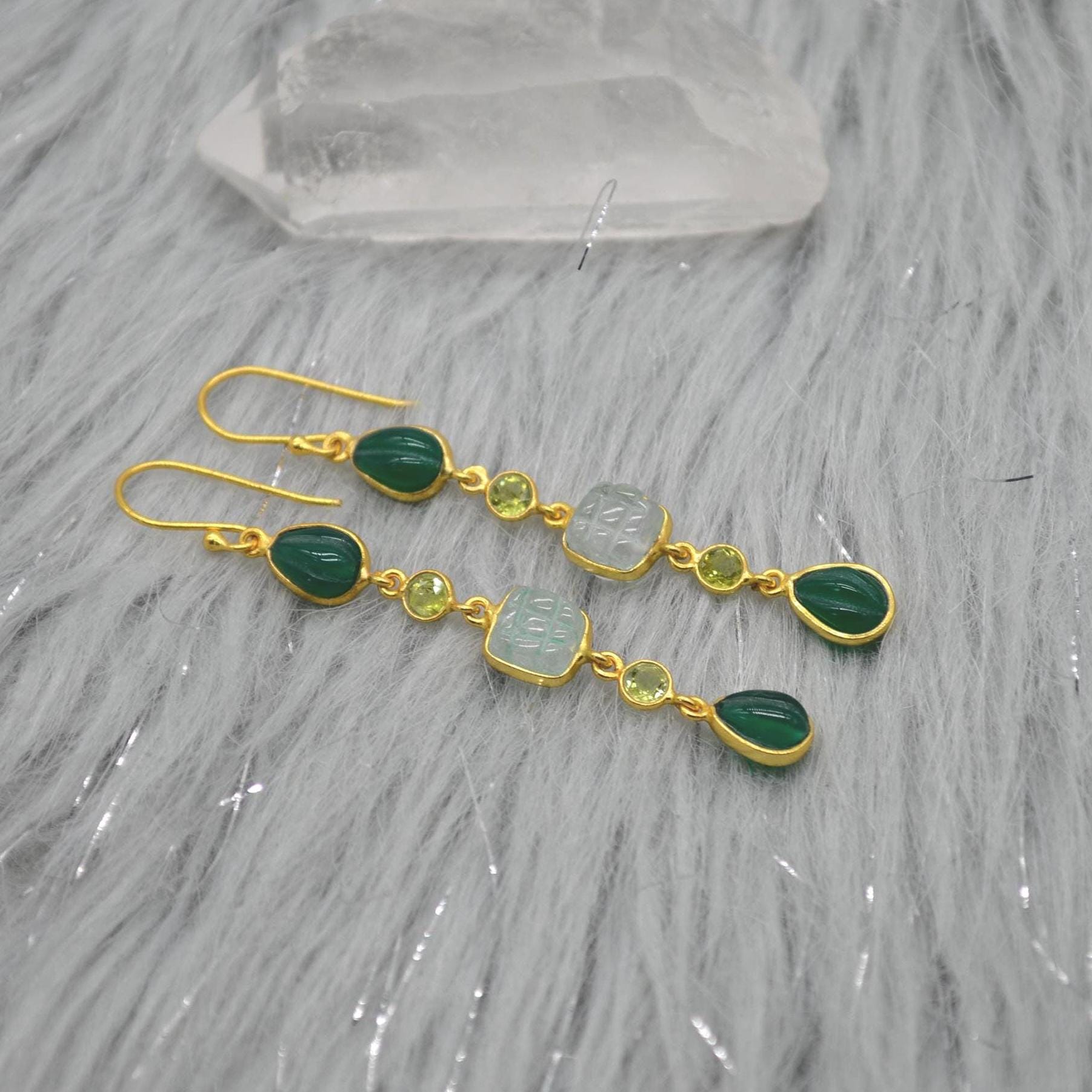 Green Onyx Jade Dangle Drop Gold Earrings: Sterling Silver, Long Green Gemstone Jewelry