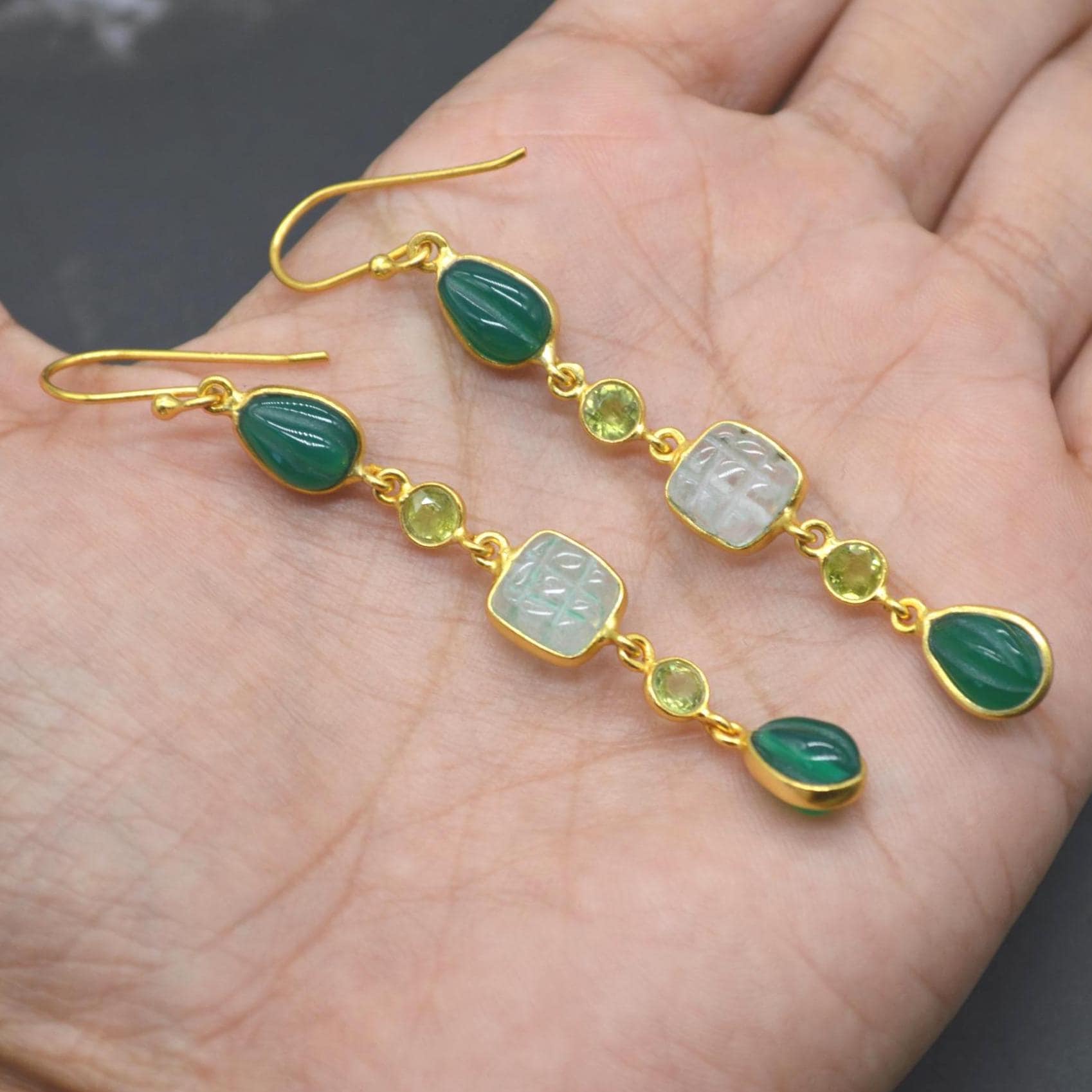 Green Onyx Jade Dangle Drop Gold Earrings: Sterling Silver, Long Green Gemstone Jewelry