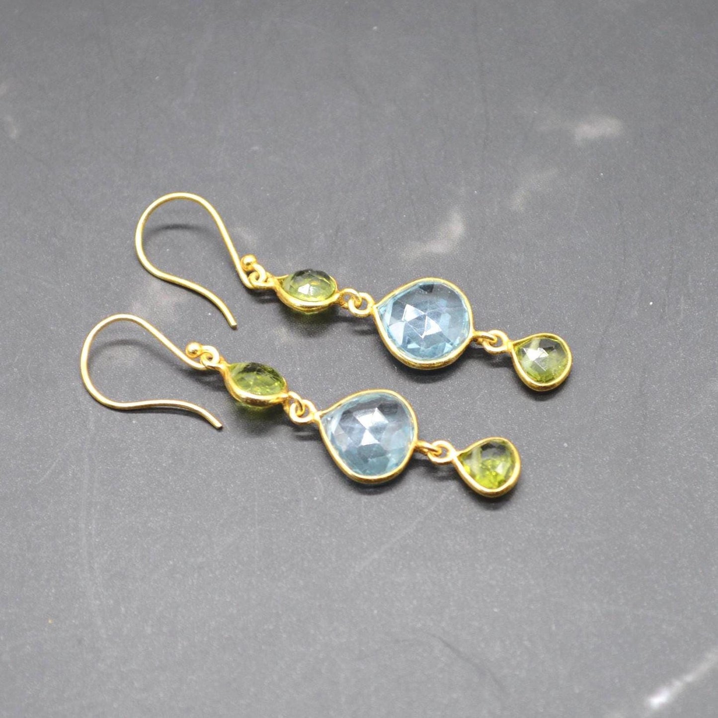 Peridot Blue Topaz Gold Earrings: Sterling Silver, August December Birthstone, Gemstone Dangle Drops