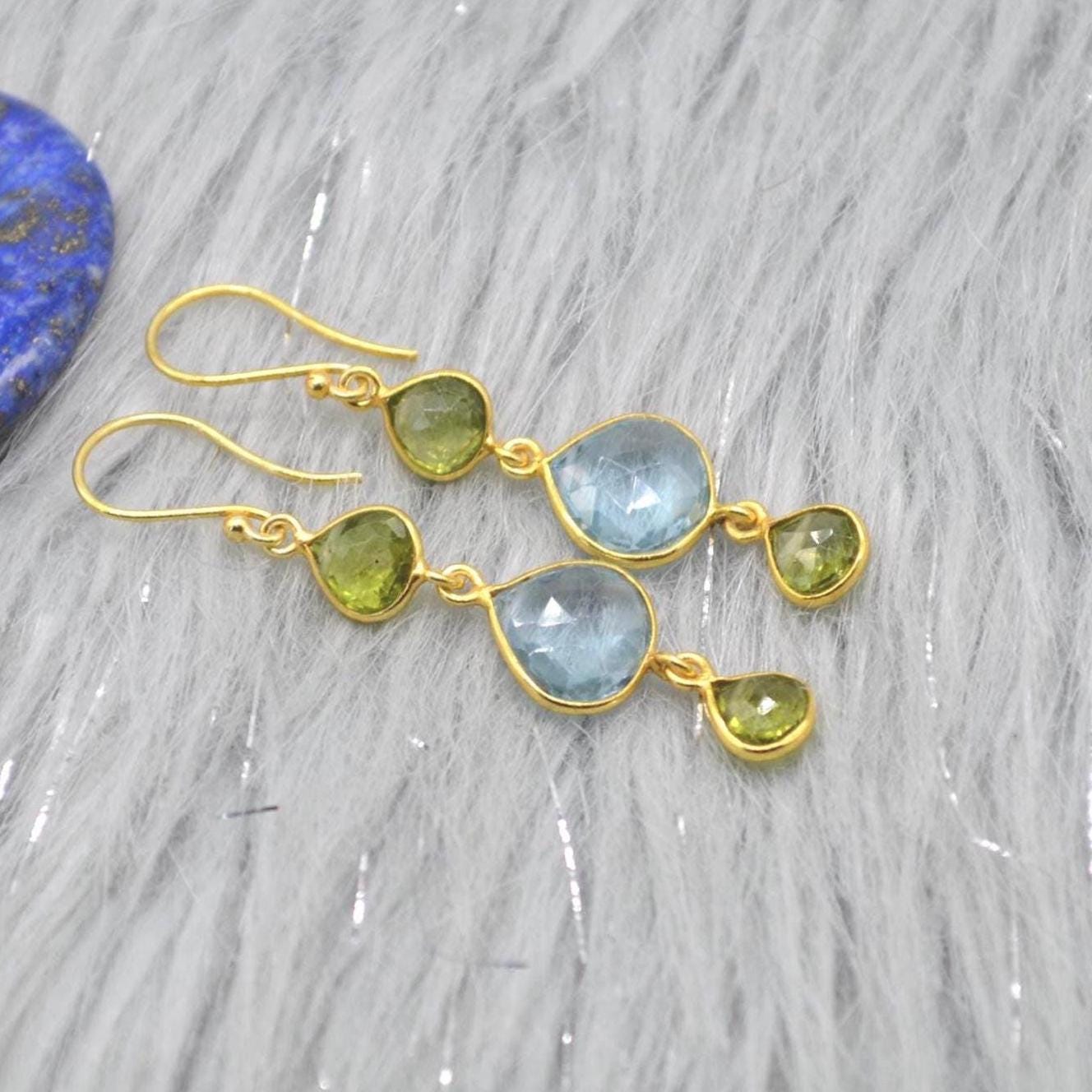 Peridot Blue Topaz Gold Earrings: Sterling Silver, August December Birthstone, Gemstone Dangle Drops