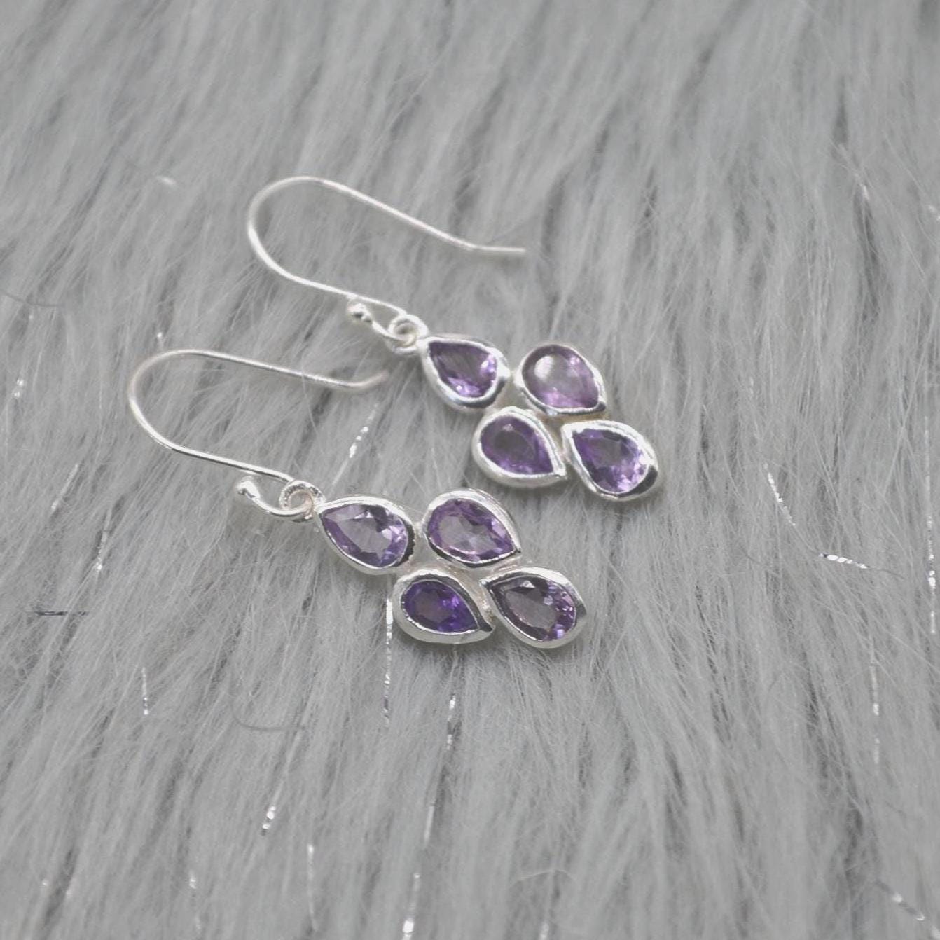Amethyst Sterling Silver Drop Earrings: February Birthstone, Purple Gemstone Floral Jewelry