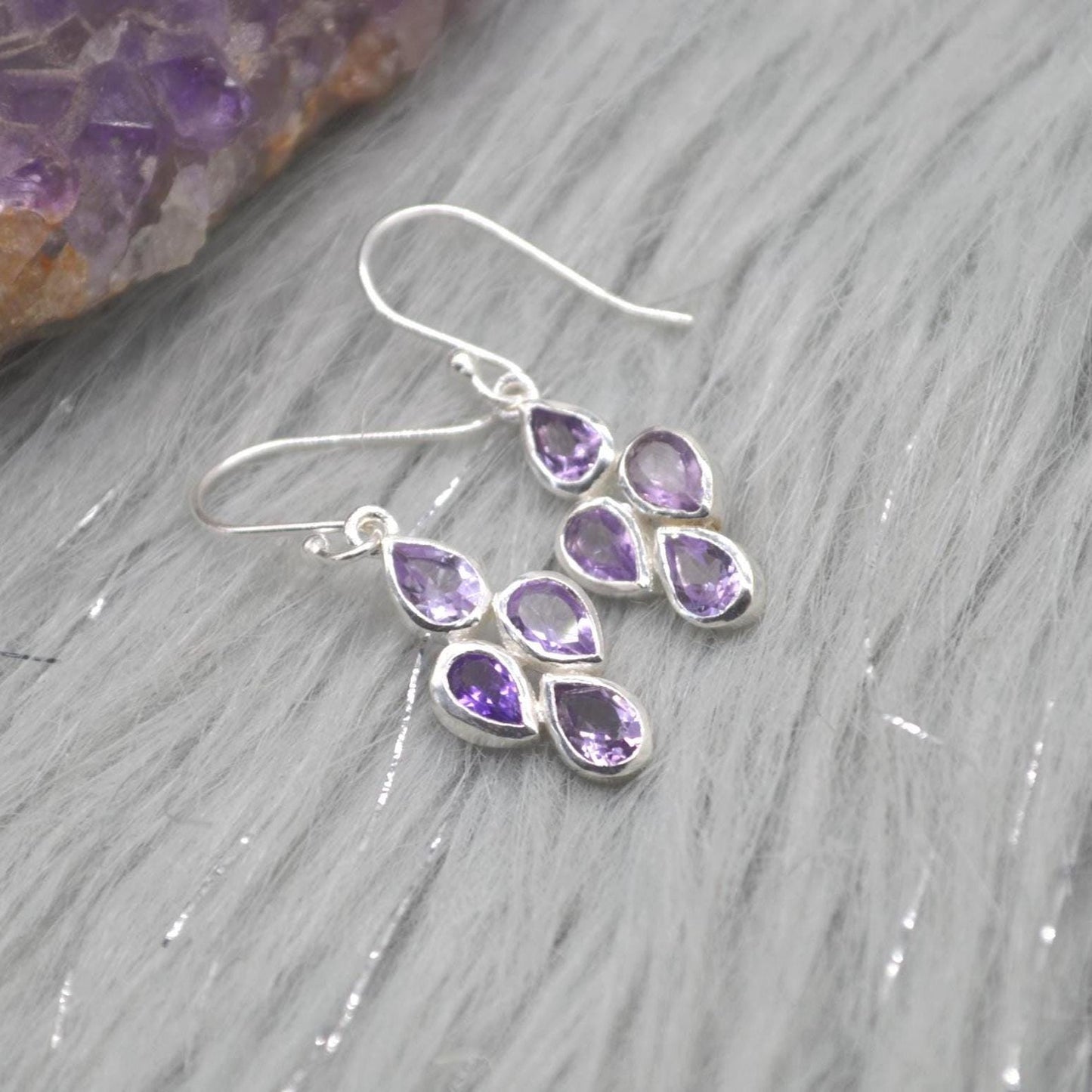 Amethyst Sterling Silver Drop Earrings: February Birthstone, Purple Gemstone Floral Jewelry