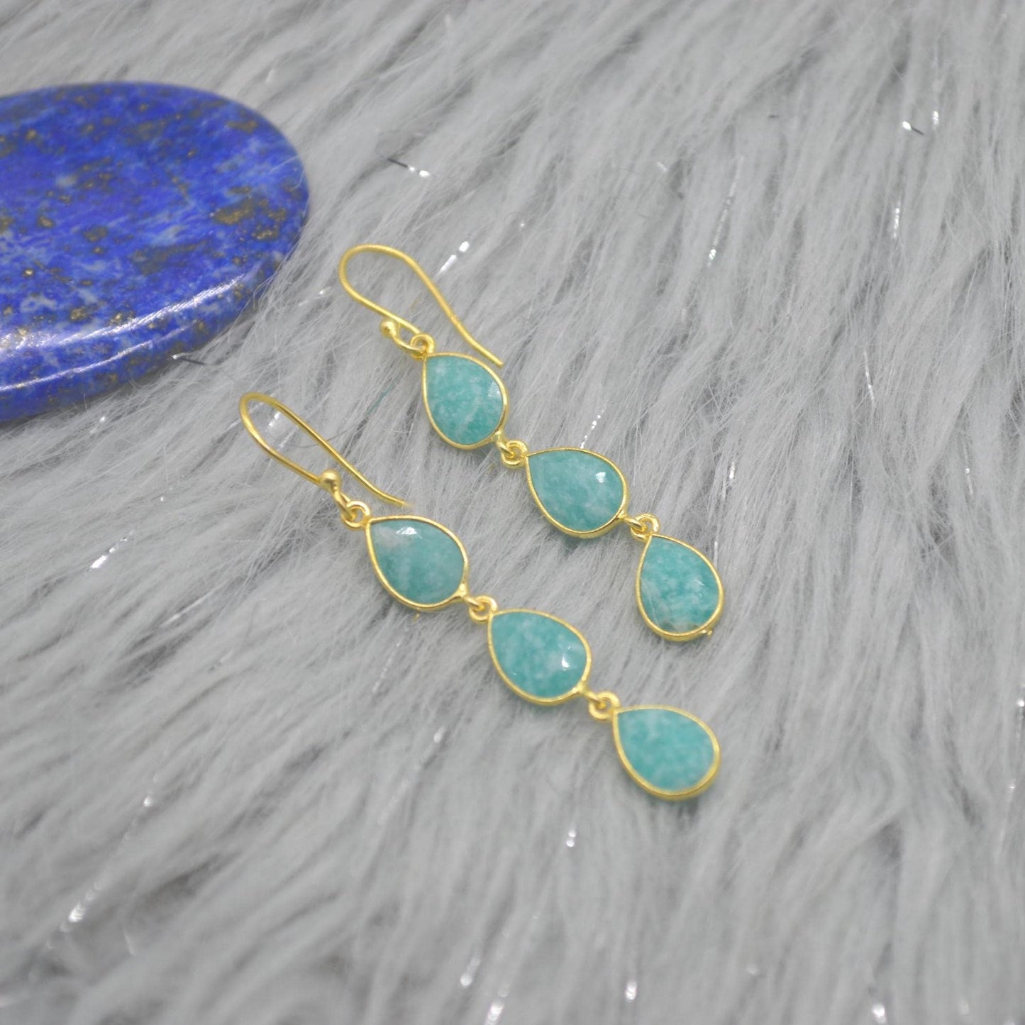Amazonite Silver Drop Earrings: Green Blue Gemstone Jewelry, Gold Plated, Boho Chic