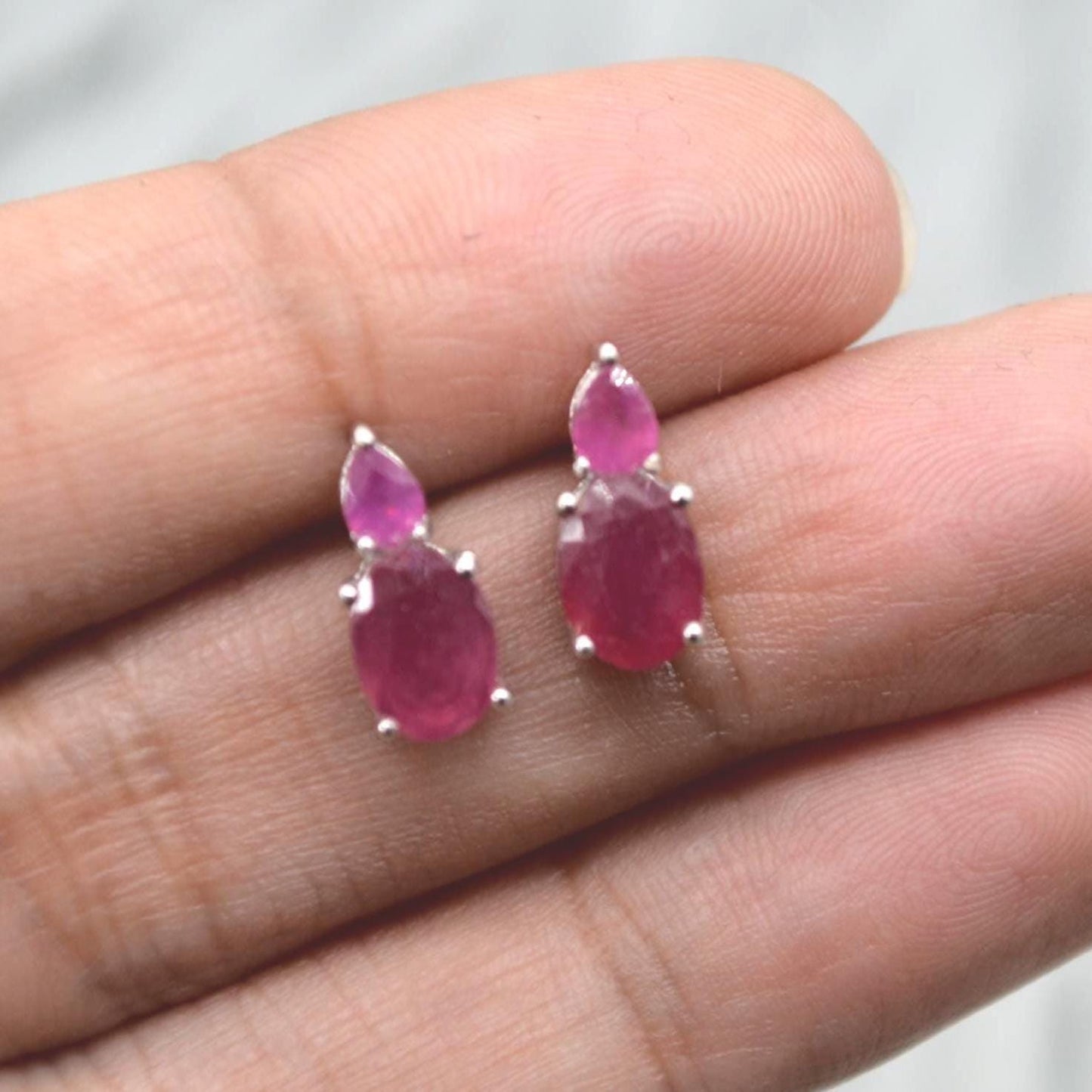 Red Ruby Sterling Silver Stud Earrings: Minimalist July Birthstone Jewelry