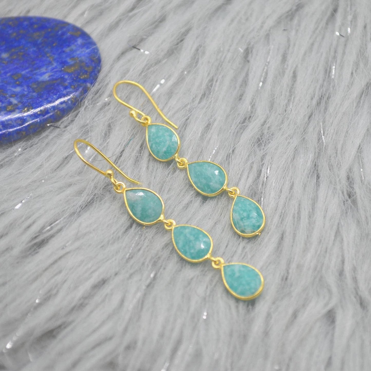 Amazonite Silver Drop Earrings: Green Blue Gemstone Jewelry, Gold Plated, Boho Chic