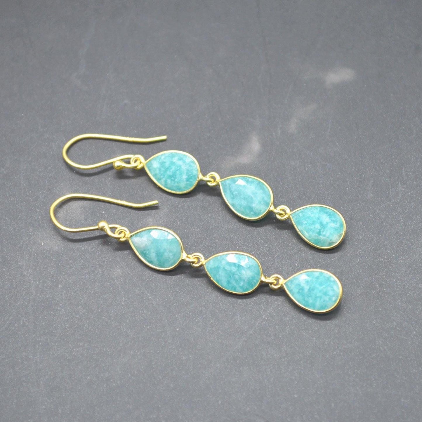 Amazonite Silver Drop Earrings: Green Blue Gemstone Jewelry, Gold Plated, Boho Chic
