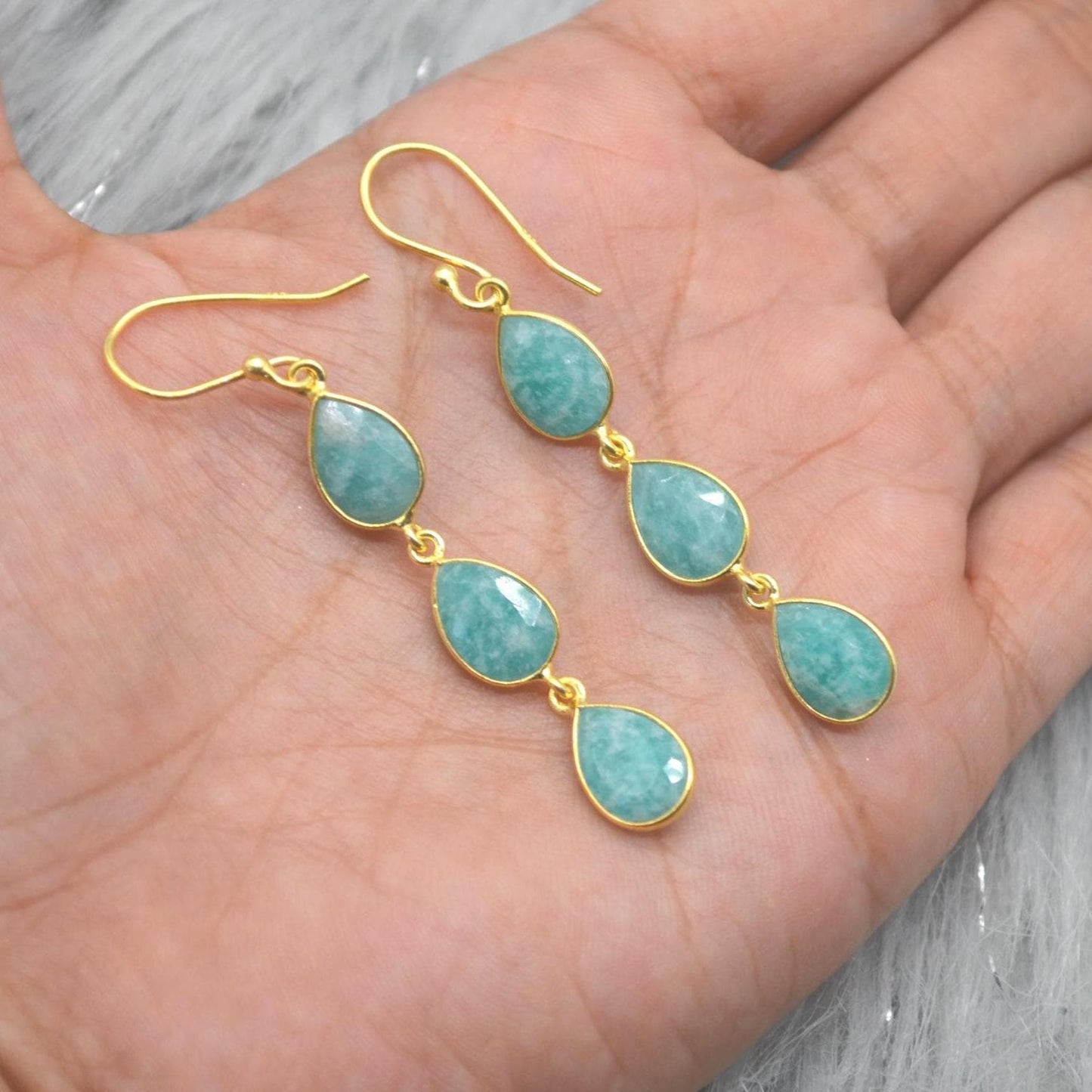 Amazonite Silver Drop Earrings: Green Blue Gemstone Jewelry, Gold Plated, Boho Chic