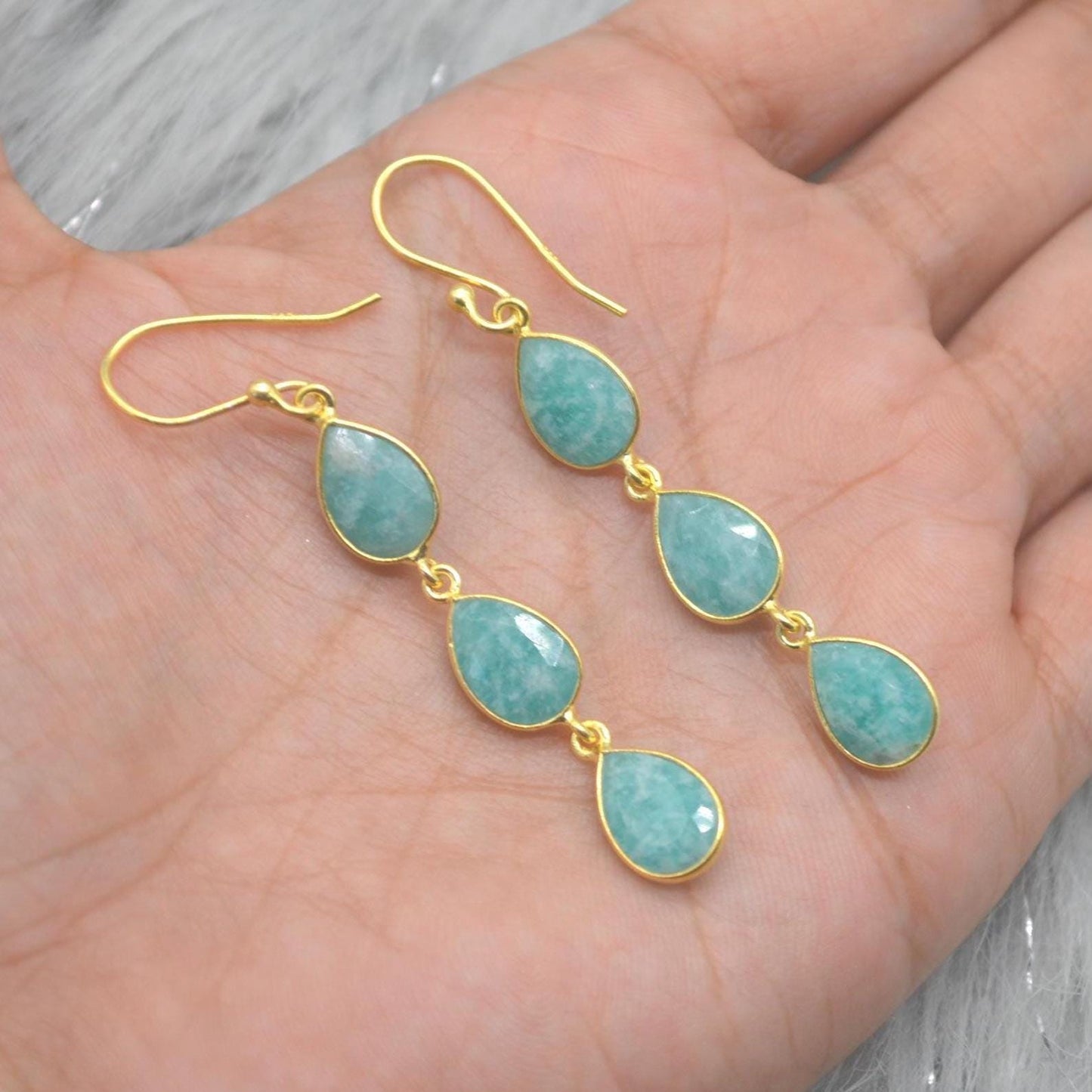 Amazonite Silver Drop Earrings: Green Blue Gemstone Jewelry, Gold Plated, Boho Chic