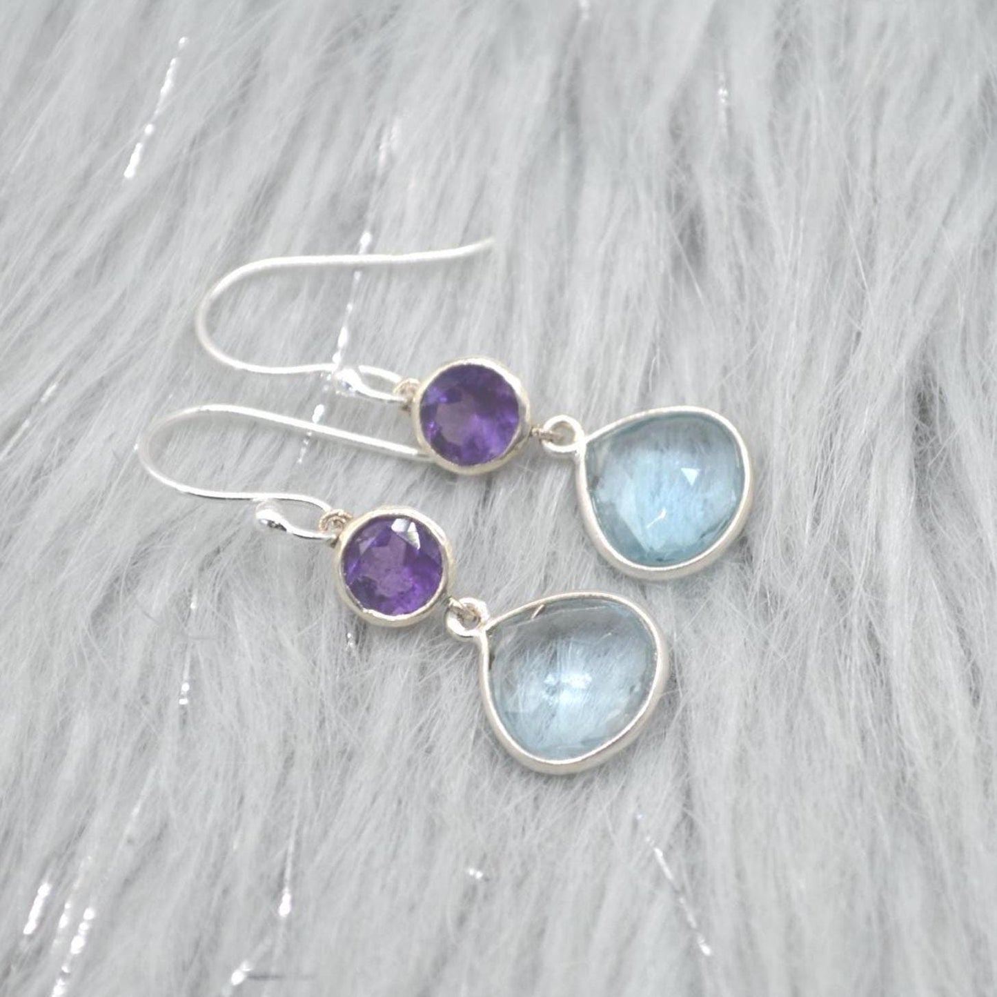 Amethyst Blue Topaz Silver Earrings: Dangle Drop, Blue Purple Gemstone Jewelry, February December Birthstone